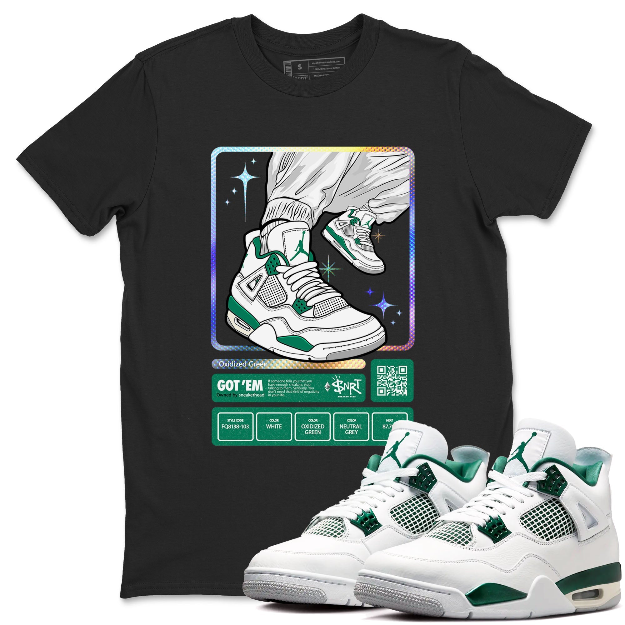AJ4 Oxidized Green shirts to match jordans Sneaker Trading Card sneaker match tees Air Jordan 4 Oxidized Green Drip Gear Zone streetwear brand Black 1 unisex cotton tee