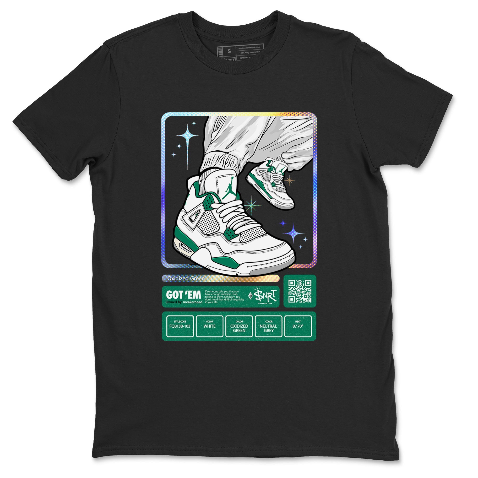 AJ4 Oxidized Green shirts to match jordans Sneaker Trading Card sneaker match tees Air Jordan 4 Oxidized Green Drip Gear Zone streetwear brand Black 2 unisex cotton tee