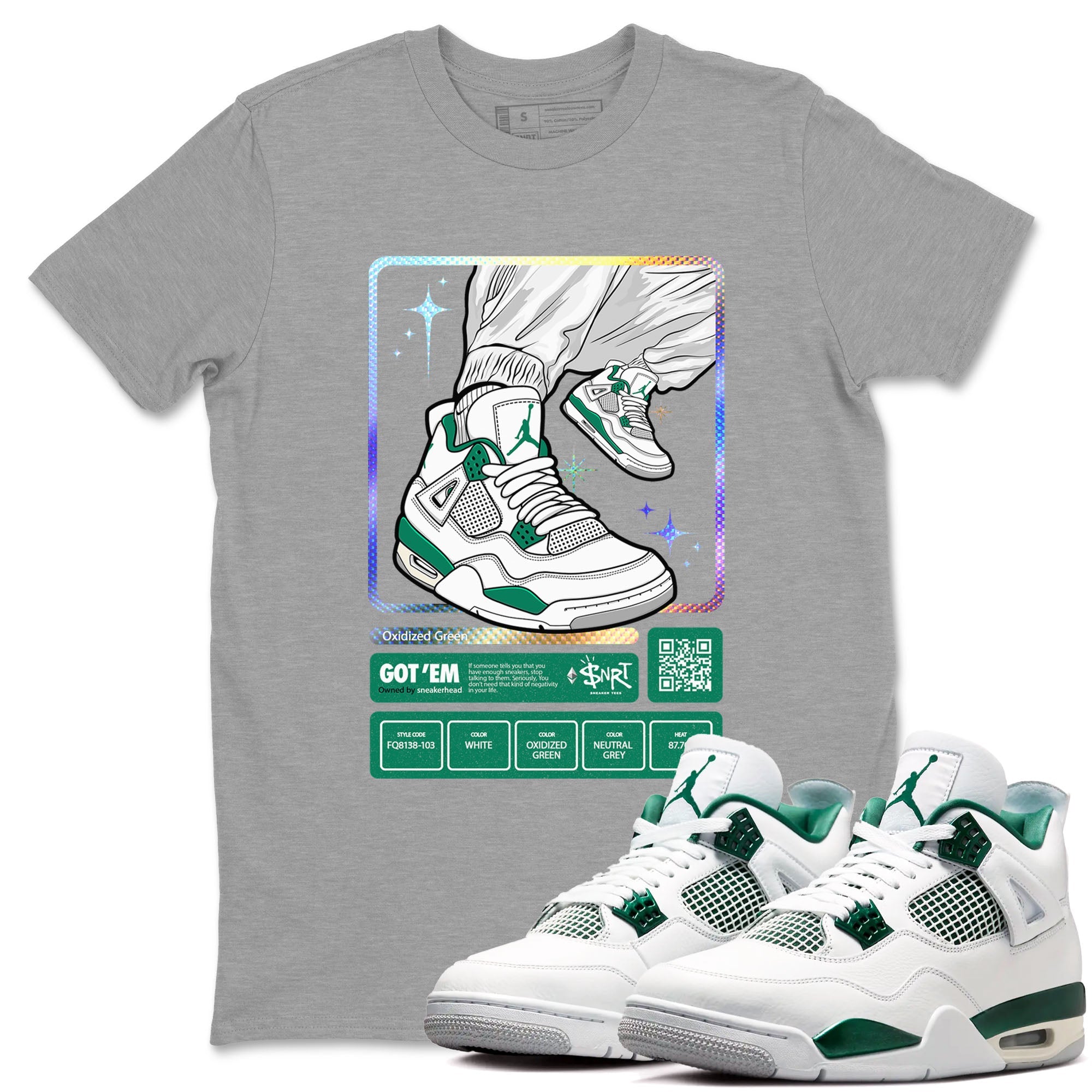 AJ4 Oxidized Green shirts to match jordans Sneaker Trading Card sneaker match tees Air Jordan 4 Oxidized Green Drip Gear Zone streetwear brand Heather Grey 1 unisex cotton tee