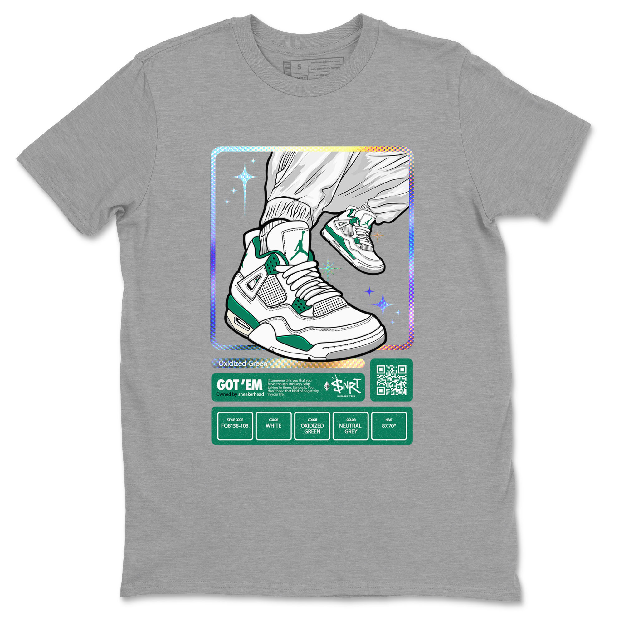 AJ4 Oxidized Green shirts to match jordans Sneaker Trading Card sneaker match tees Air Jordan 4 Oxidized Green Drip Gear Zone streetwear brand Heather Grey 2 unisex cotton tee