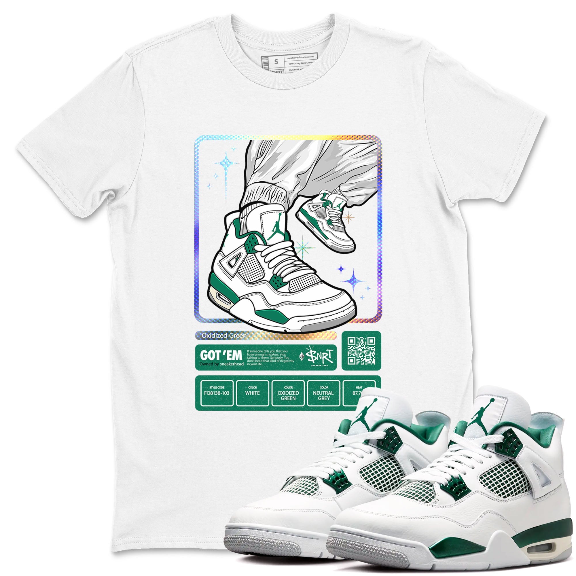 AJ4 Oxidized Green shirts to match jordans Sneaker Trading Card sneaker match tees Air Jordan 4 Oxidized Green Drip Gear Zone streetwear brand White 1 unisex cotton tee