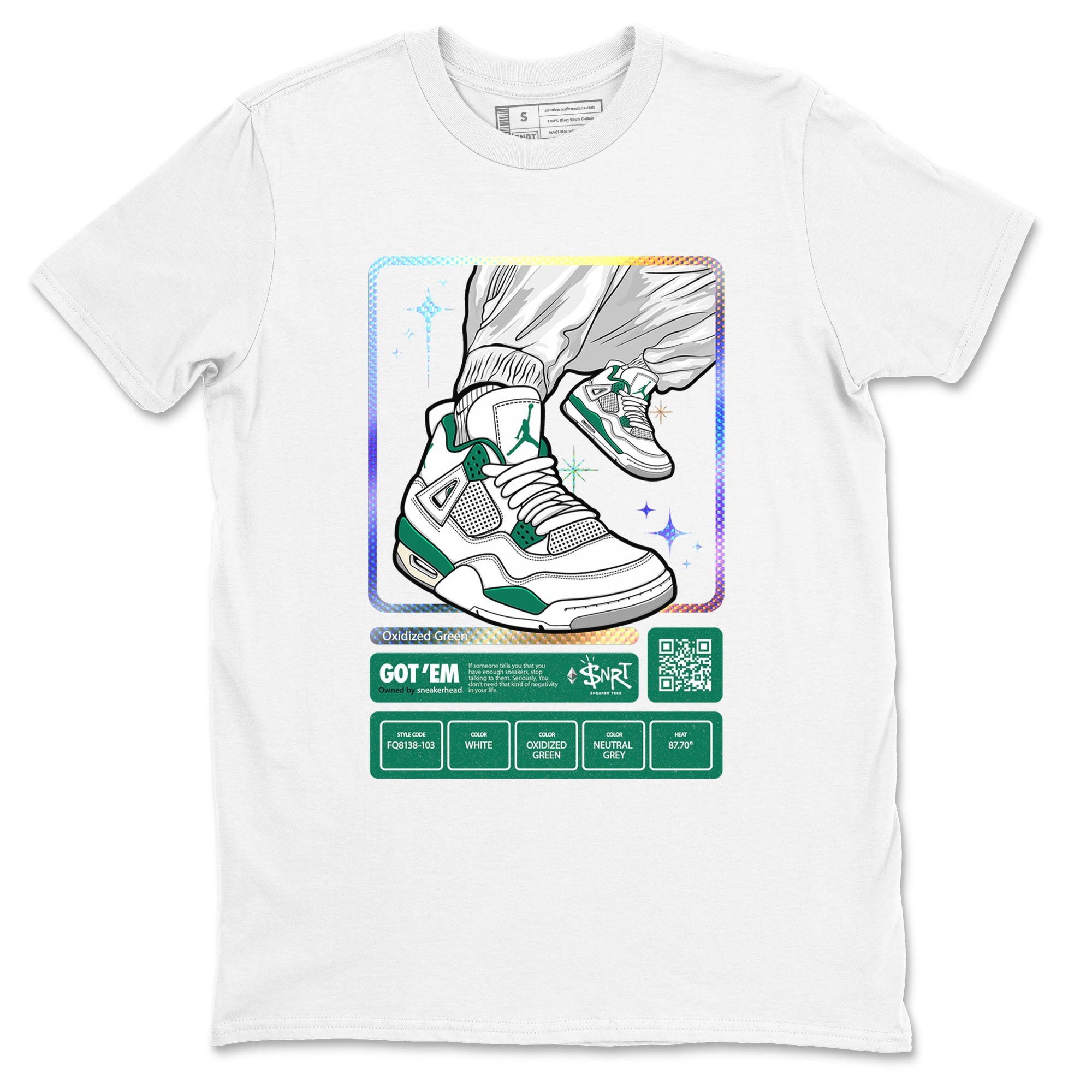AJ4 Oxidized Green shirts to match jordans Sneaker Trading Card sneaker match tees Air Jordan 4 Oxidized Green Drip Gear Zone streetwear brand White 2 unisex cotton tee