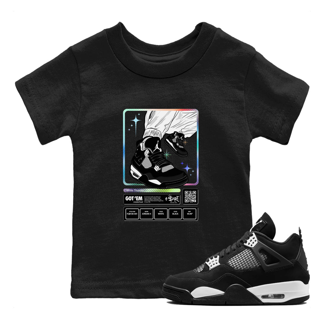 AJ4 White Thunder shirts to match jordans Sneaker Trading Card sneaker match tees Air Jordan 4 White Thunder Drip Gear Zone streetwear brand Baby and Youth Black 1 cotton tee