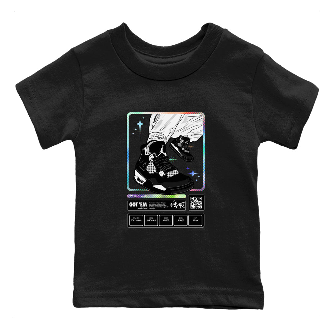 AJ4 White Thunder shirts to match jordans Sneaker Trading Card sneaker match tees Air Jordan 4 White Thunder Drip Gear Zone streetwear brand Baby and Youth Black 2 cotton tee
