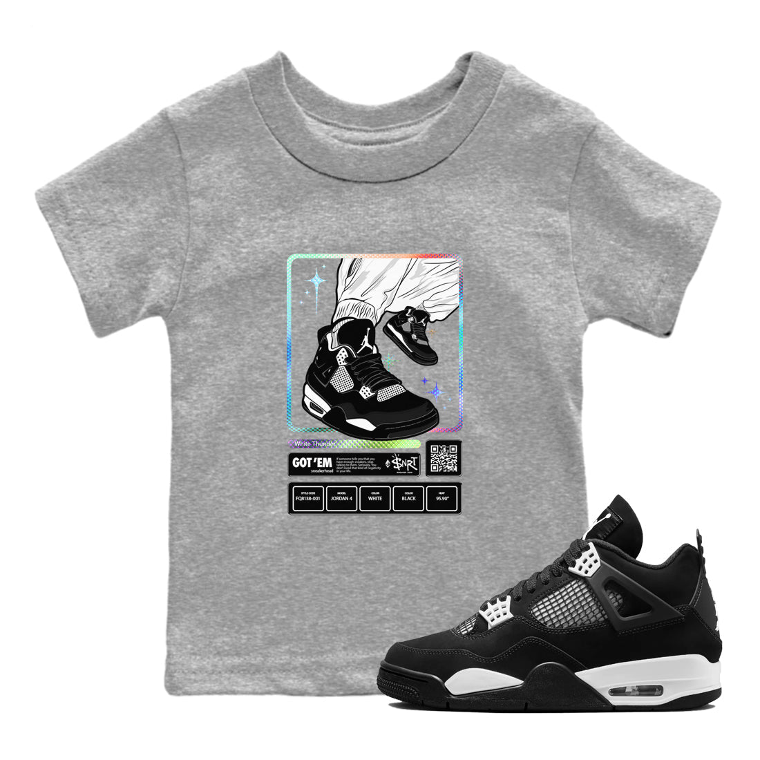 AJ4 White Thunder shirts to match jordans Sneaker Trading Card sneaker match tees Air Jordan 4 White Thunder Drip Gear Zone streetwear brand Baby and Youth Heather Grey 1 cotton tee