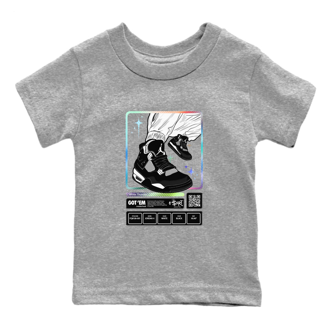 AJ4 White Thunder shirts to match jordans Sneaker Trading Card sneaker match tees Air Jordan 4 White Thunder Drip Gear Zone streetwear brand Baby and Youth Heather Grey 2 cotton tee
