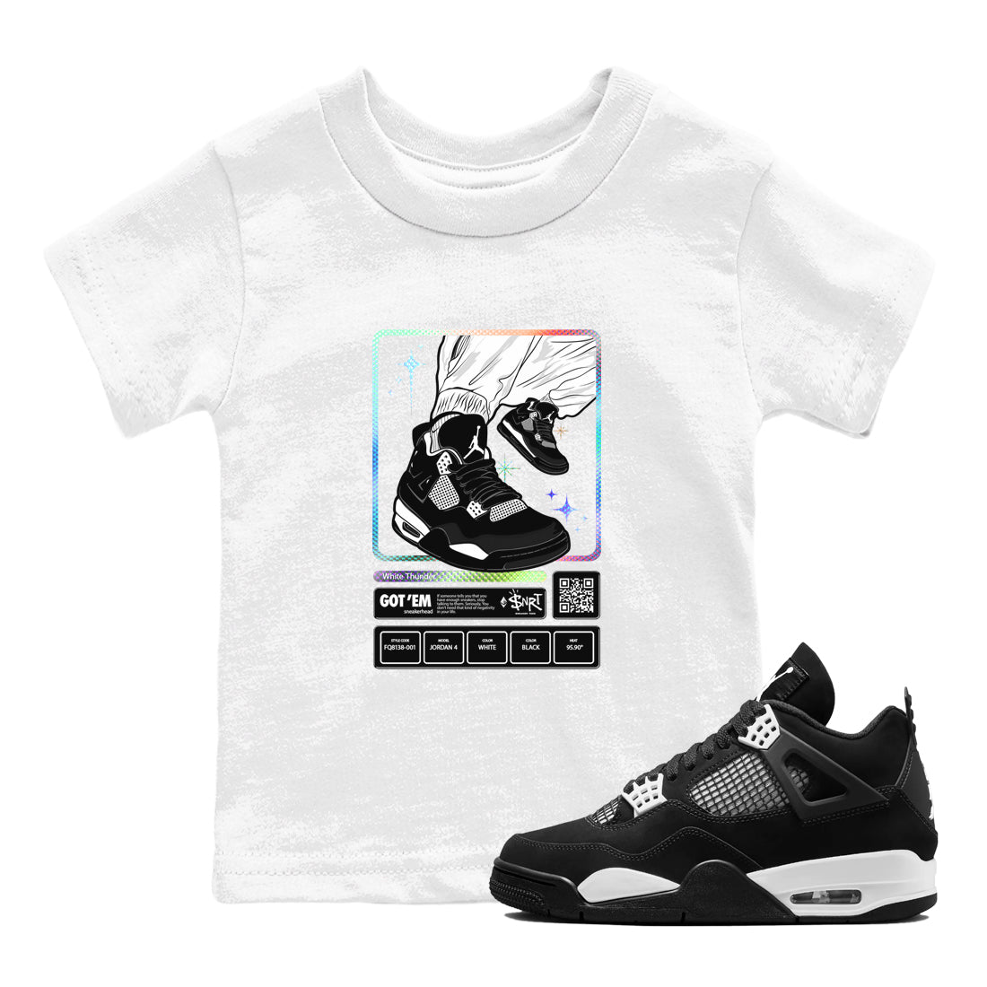 AJ4 White Thunder shirts to match jordans Sneaker Trading Card sneaker match tees Air Jordan 4 White Thunder Drip Gear Zone streetwear brand Baby and Youth White 1 cotton tee