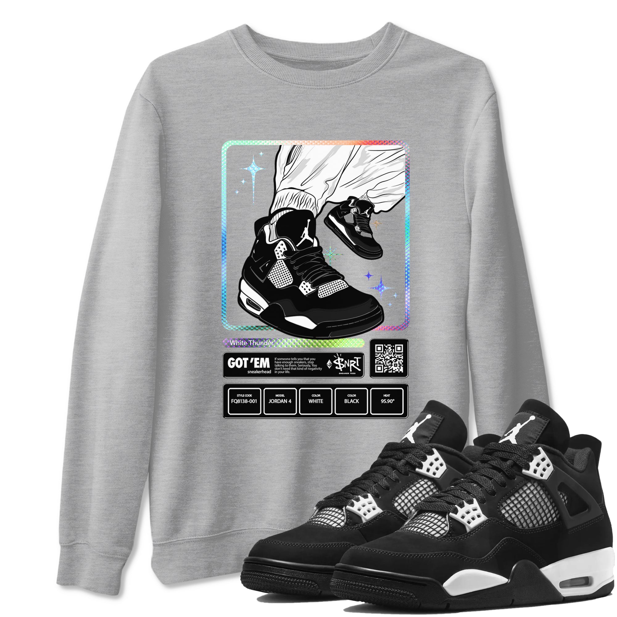 AJ4 White Thunder shirts to match jordans Sneaker Trading Card sneaker match tees Air Jordan 4 White Thunder Drip Gear Zone streetwear brand Heather Grey 1 unisex cotton tee