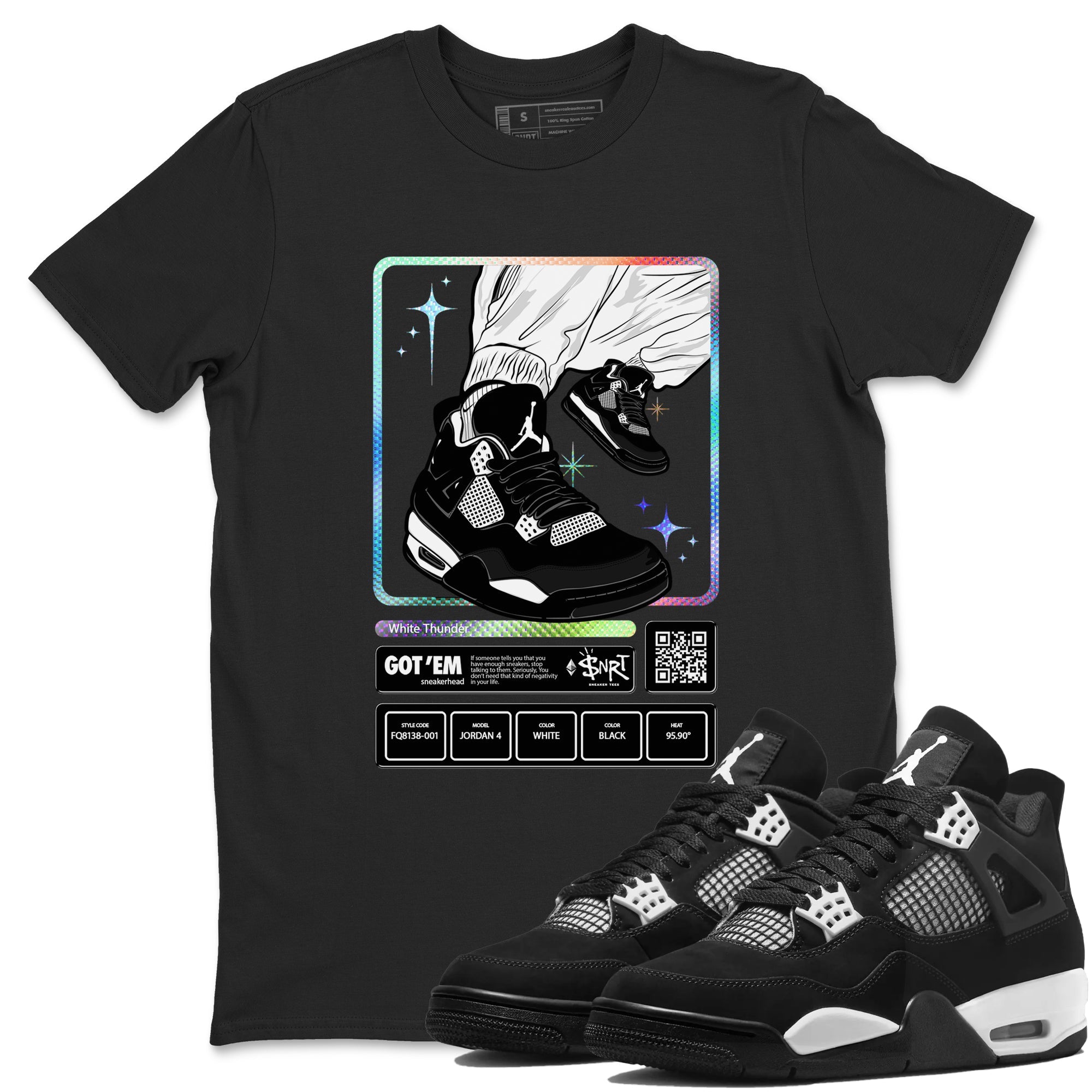 AJ4 White Thunder shirts to match jordans Sneaker Trading Card sneaker match tees Air Jordan 4 White Thunder Drip Gear Zone streetwear brand Black 1 unisex cotton tee