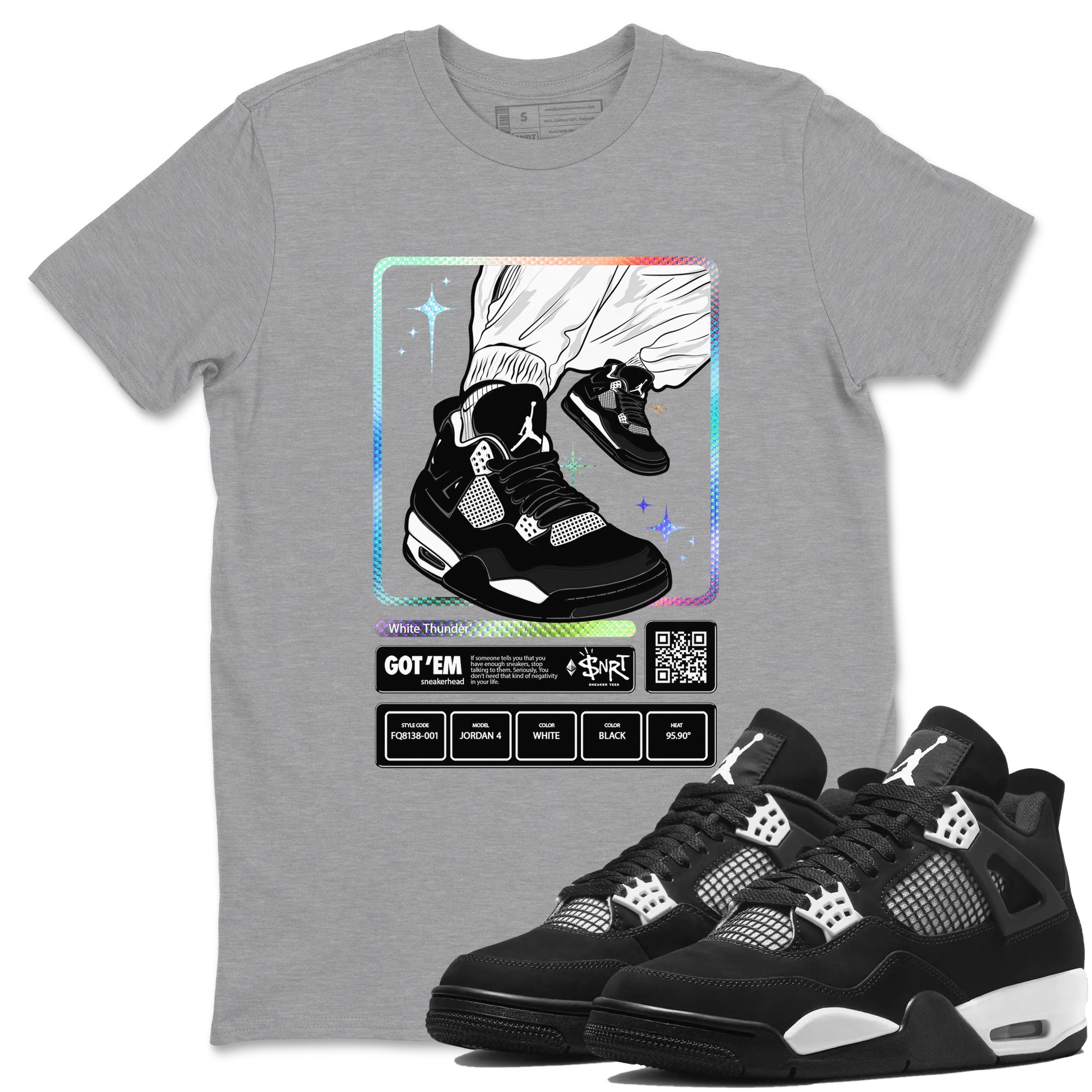 AJ4 White Thunder shirts to match jordans Sneaker Trading Card sneaker match tees Air Jordan 4 White Thunder Drip Gear Zone streetwear brand Heather Grey 1 unisex cotton tee