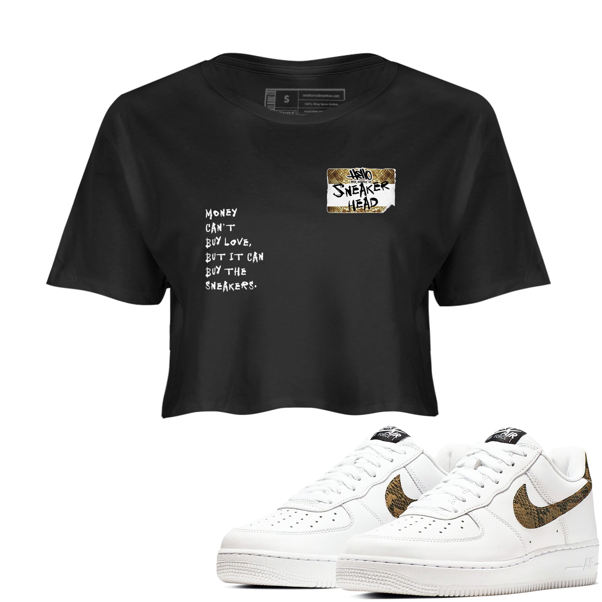 Air Force 1 Ivory Snake shirt to match jordans Sneakerhead Badge sneaker tees Air Force 1 Ivory Snake Drip Gear Zone Black 1 crop length shirt