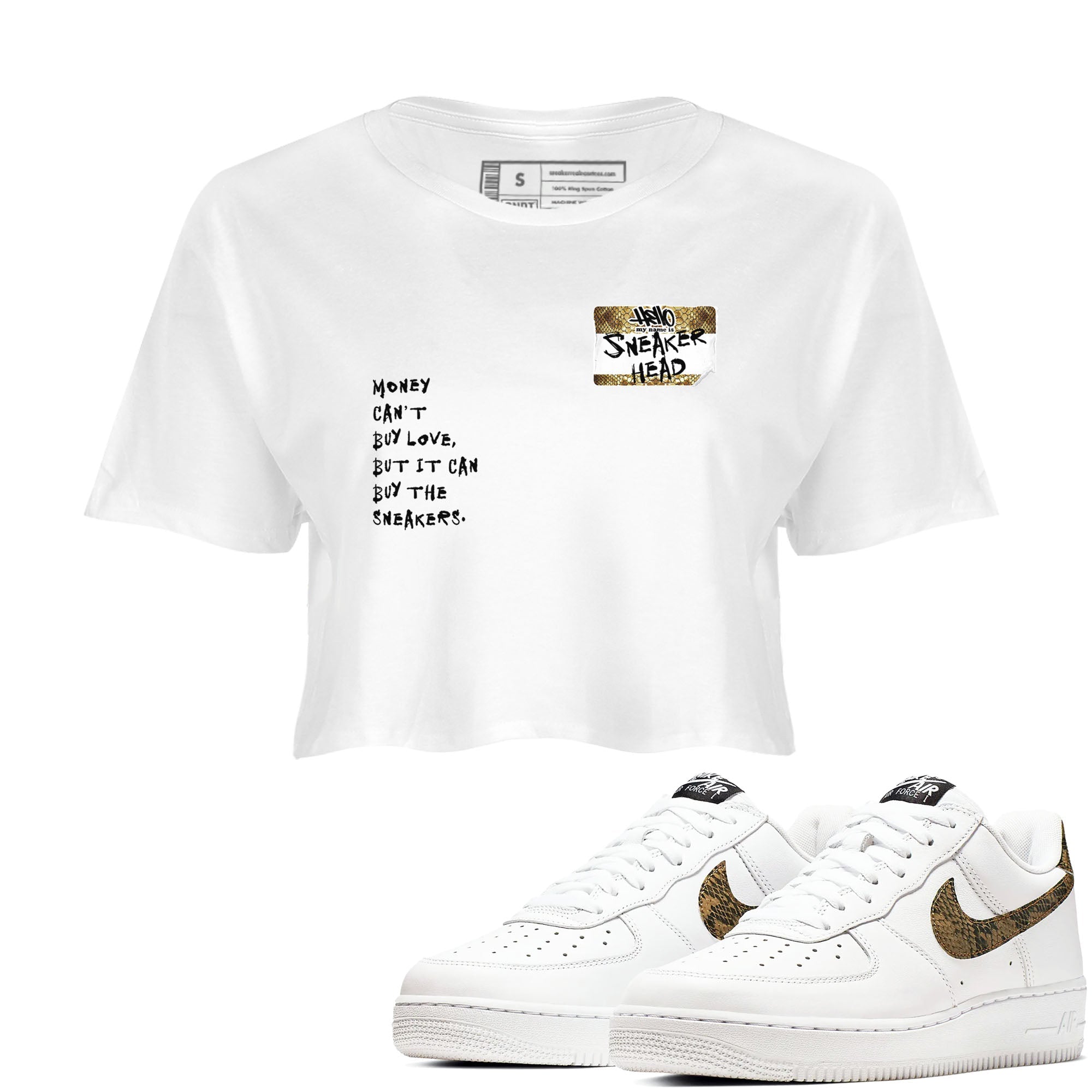 Air Force 1 Ivory Snake shirt to match jordans Sneakerhead Badge sneaker tees Air Force 1 Ivory Snake Drip Gear Zone White 1 crop length shirt