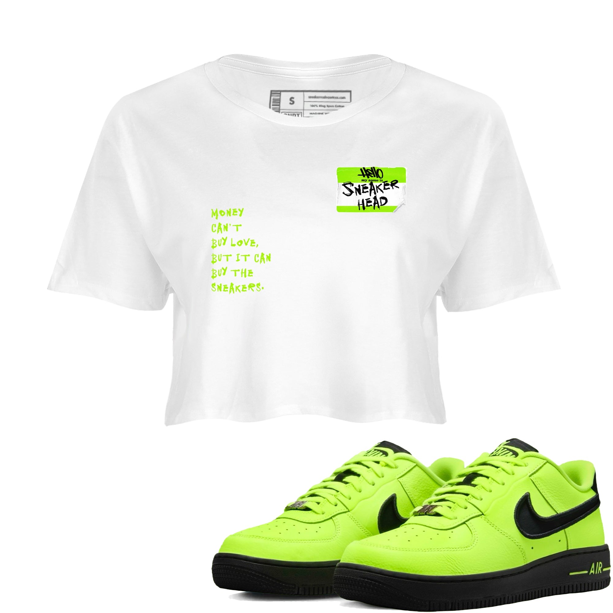 AF1 Volt shirts to match jordans Sneakerhead Badge sneaker match tees Air Force 1 Volt match shoes to clothes Drip Gear Zone unisex cotton White 1 crop tee