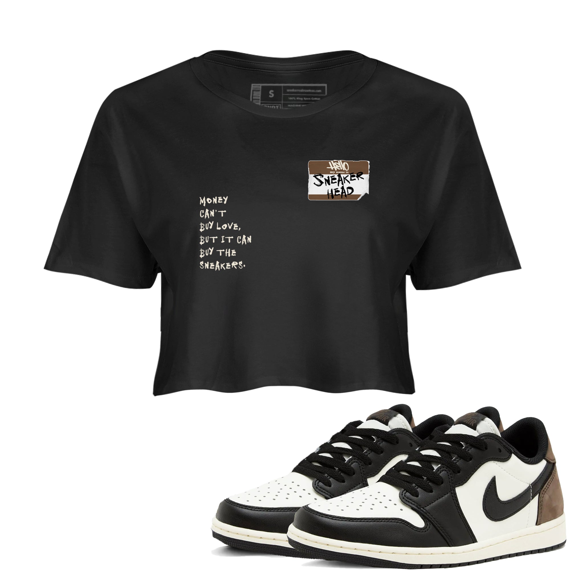 Air Jordan 1 Low Mocha shirts to match jordans Sneakerhead Badge sneaker match tees AJ1 Mocha Drip Gear Zone streetwear brand Black 1 crop tee