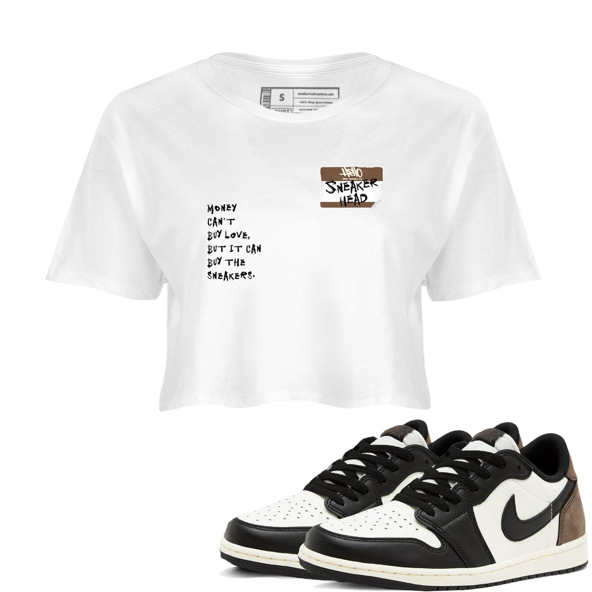 Air Jordan 1 Low Mocha shirts to match jordans Sneakerhead Badge sneaker match tees AJ1 Mocha Drip Gear Zone streetwear brand White 1 crop tee