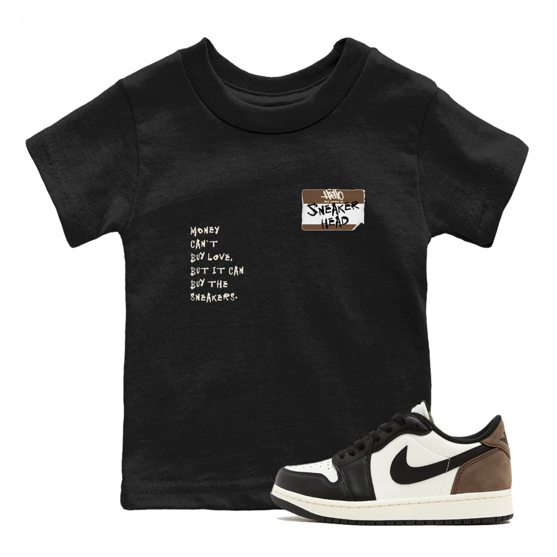 Air Jordan 1 Low Mocha shirts to match jordans Sneakerhead Badge sneaker match tees AJ1 Mocha Drip Gear Zone streetwear brand Baby and Youth Black 1 cotton tee