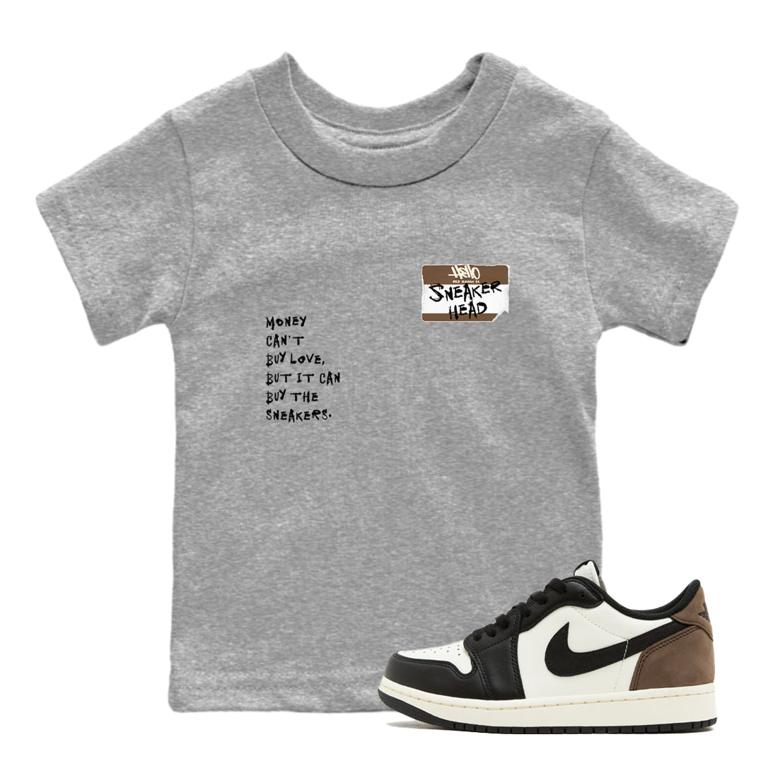 Air Jordan 1 Low Mocha shirts to match jordans Sneakerhead Badge sneaker match tees AJ1 Mocha Drip Gear Zone streetwear brand Baby and Youth Heather Grey 1 cotton tee
