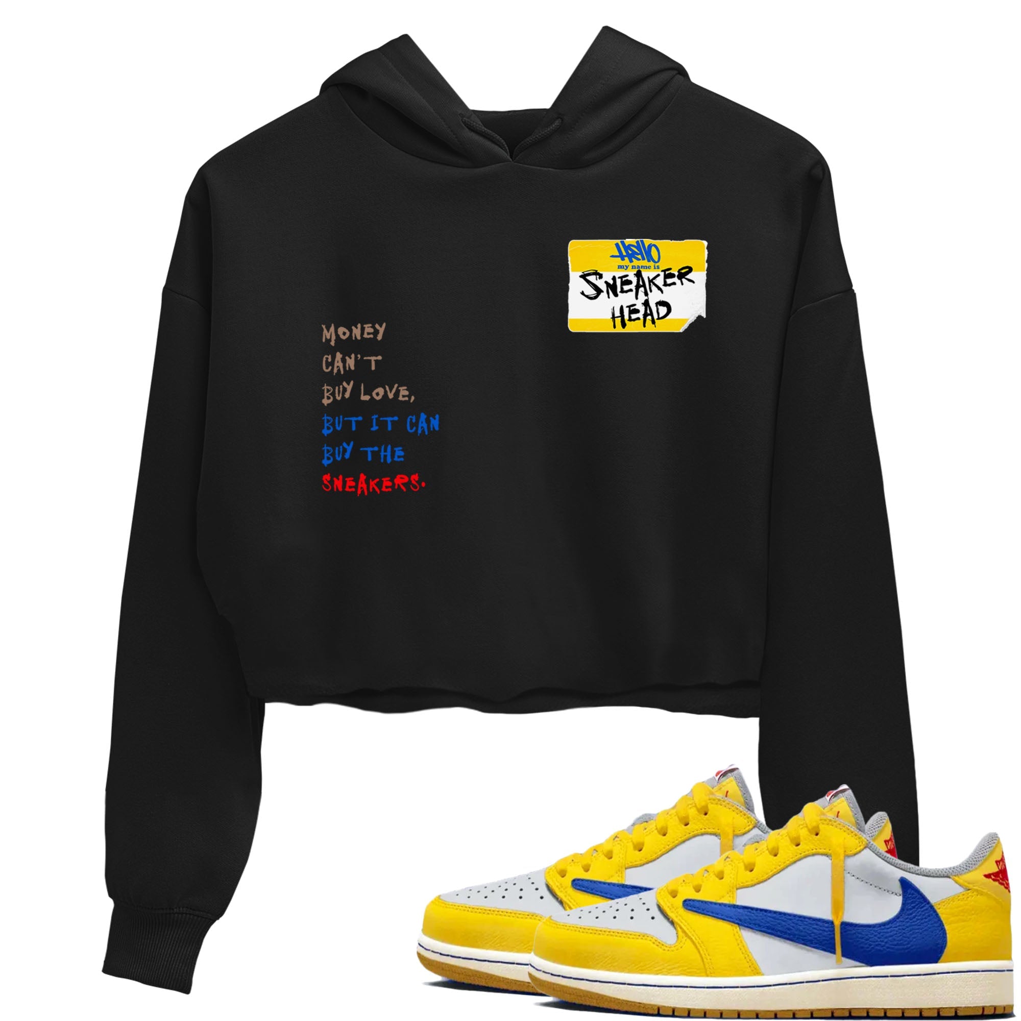 Air Jordan 1 Travis Scott Canary shirt to match jordans Sneakerhead Badge sneaker tees Air Jordan 1 Low x Travis Scott x Canary Drip Gear Zone Black 1 crop length shirt