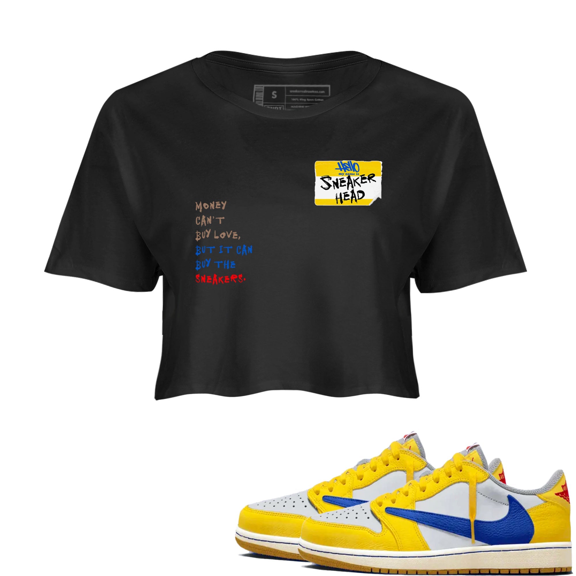 Air Jordan 1 Travis Scott Canary shirt to match jordans Sneakerhead Badge sneaker tees Air Jordan 1 Low x Travis Scott x Canary Drip Gear Zone Black 1 crop length shirt
