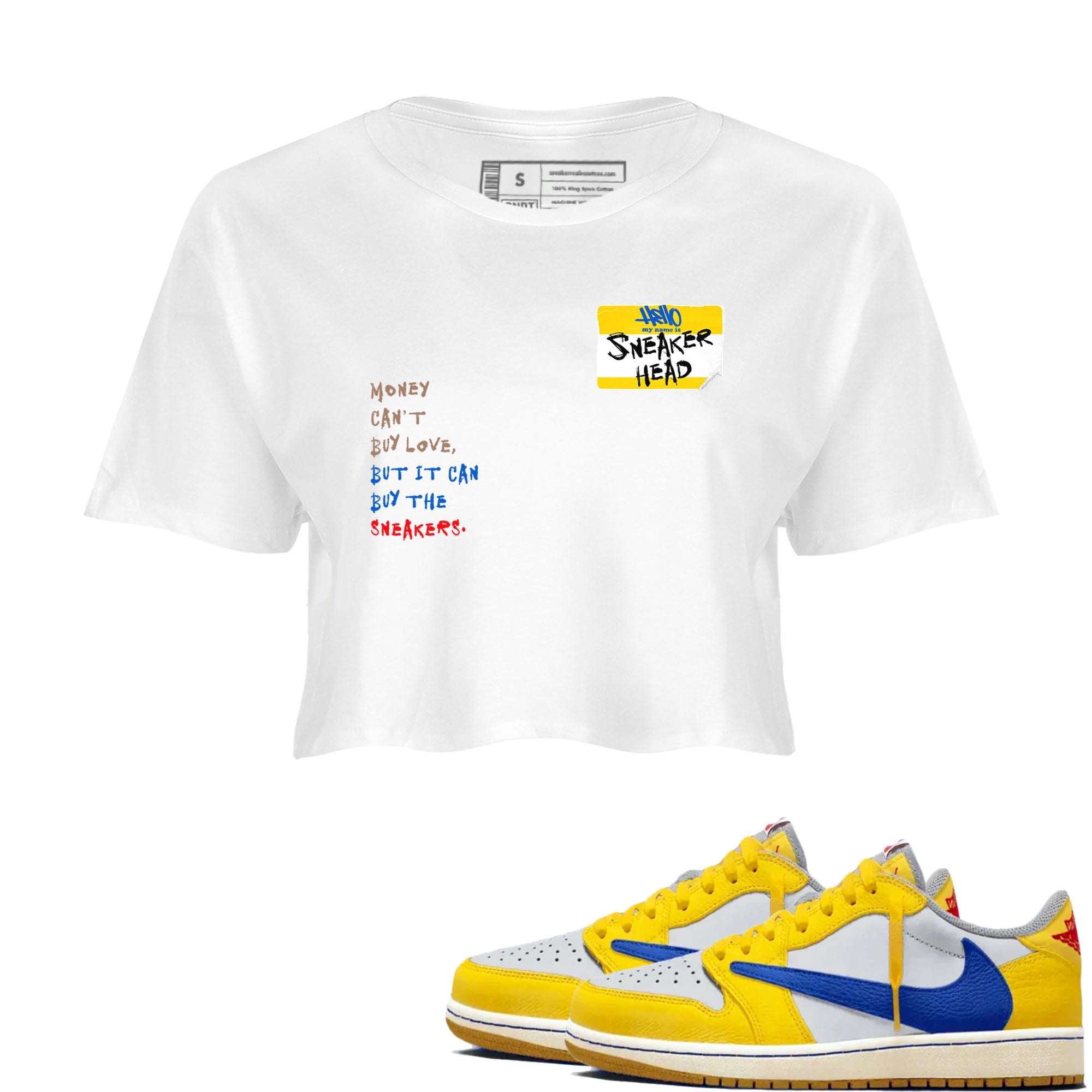 Air Jordan 1 Travis Scott Canary shirt to match jordans Sneakerhead Badge sneaker tees Air Jordan 1 Low x Travis Scott x Canary Drip Gear Zone White 1 crop length shirt