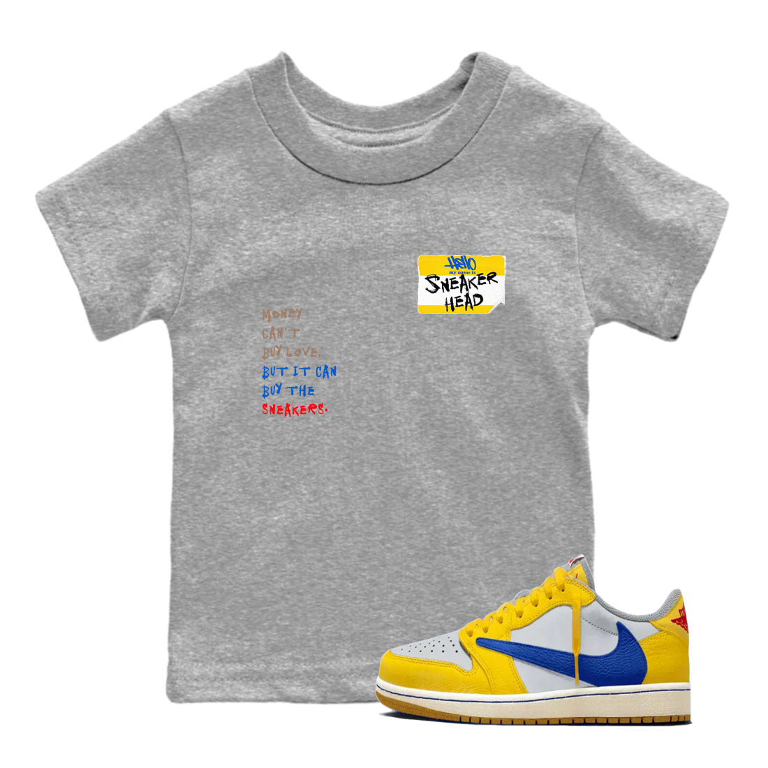 Air Jordan 1 Travis Scott Canary shirt to match jordans Sneakerhead Badge sneaker tees Air Jordan 1 Low x Travis Scott x Canary Drip Gear Zone baby toddler Heather Grey 1 cotton Shirt