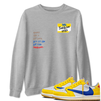 Air Jordan 1 Travis Scott Canary shirt to match jordans Sneakerhead Badge sneaker tees Air Jordan 1 Low x Travis Scott x Canary Drip Gear Zone unisex cotton Heather Grey 1 crew neck shirt