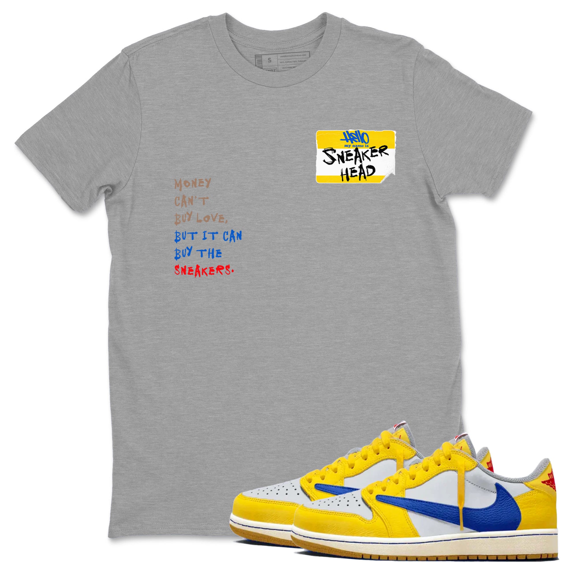 Air Jordan 1 Travis Scott Canary shirt to match jordans Sneakerhead Badge sneaker tees Air Jordan 1 Low x Travis Scott x Canary Drip Gear Zone unisex cotton Heather Grey 1 crew neck shirt