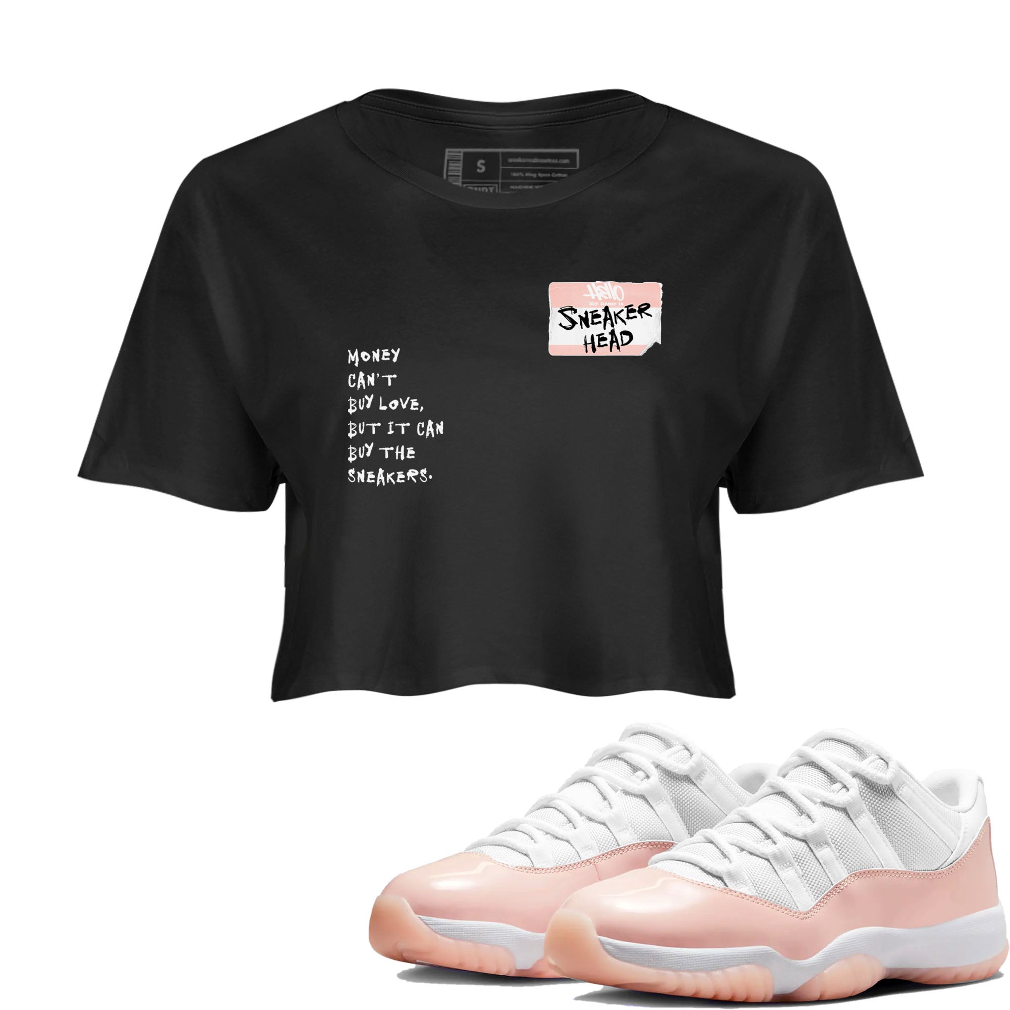 11s Legend Pink shirt to match jordans Sneakerhead Badge sneaker tees Air Jordan 11 Legend Pink Drip Gear Zone Black 1 crop length shirt
