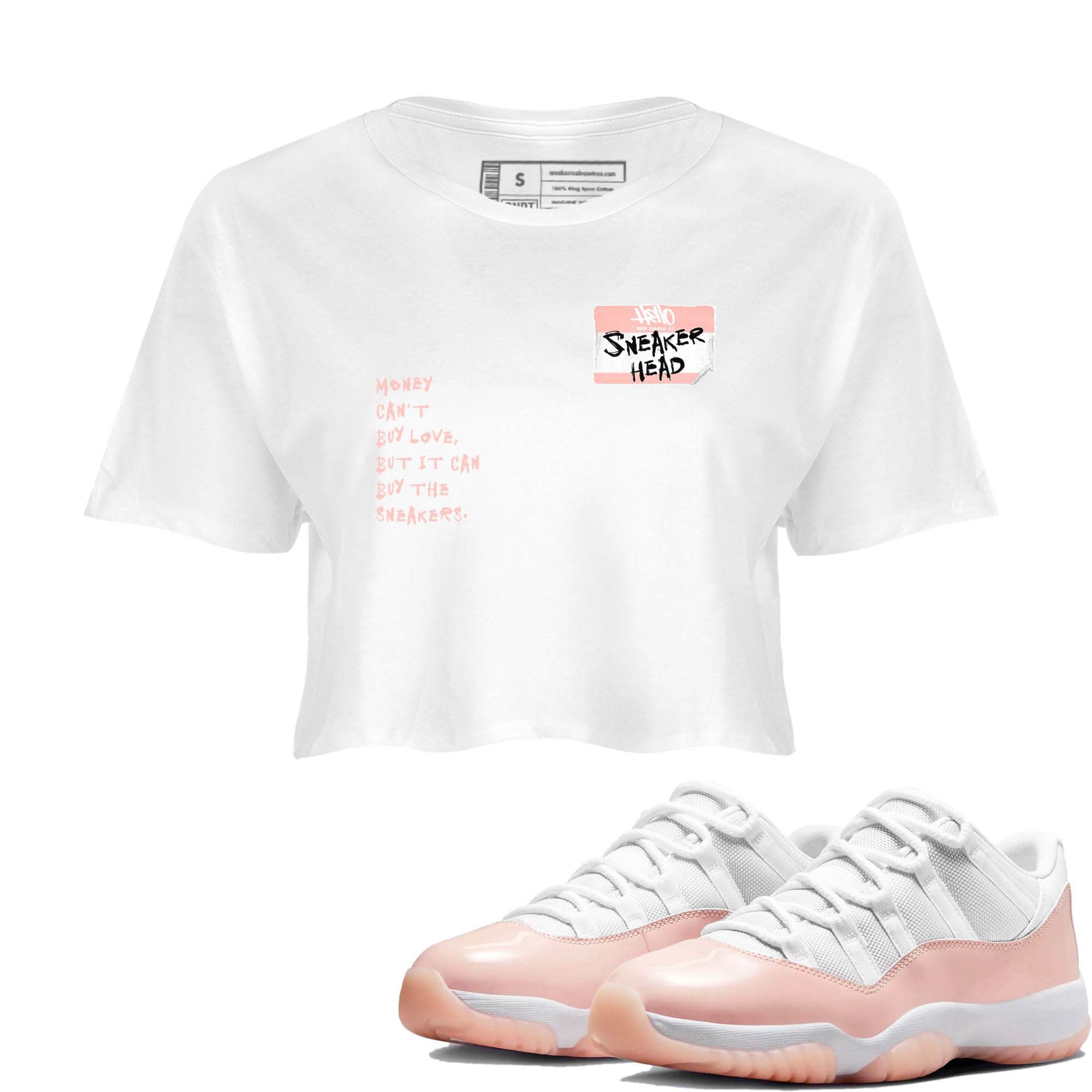 11s Legend Pink shirt to match jordans Sneakerhead Badge sneaker tees Air Jordan 11 Legend Pink Drip Gear Zone White 1 crop length shirt