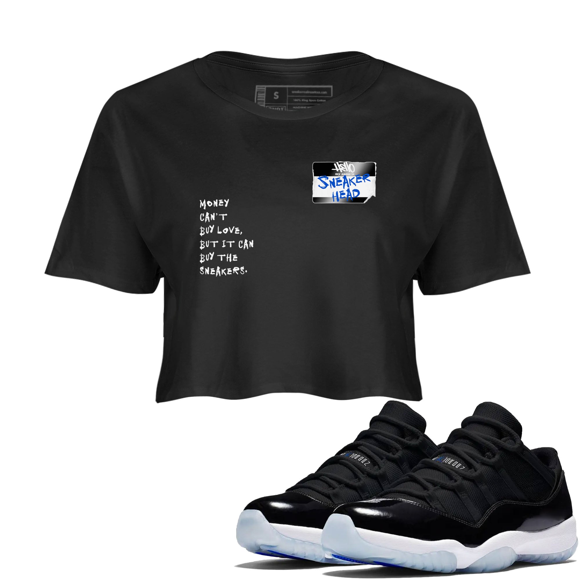 11s Space shirt to match jordans Sneakerhead Badge sneaker tees Air Jordan 11 Space Drip Gear Zone Black 1 crop length shirt