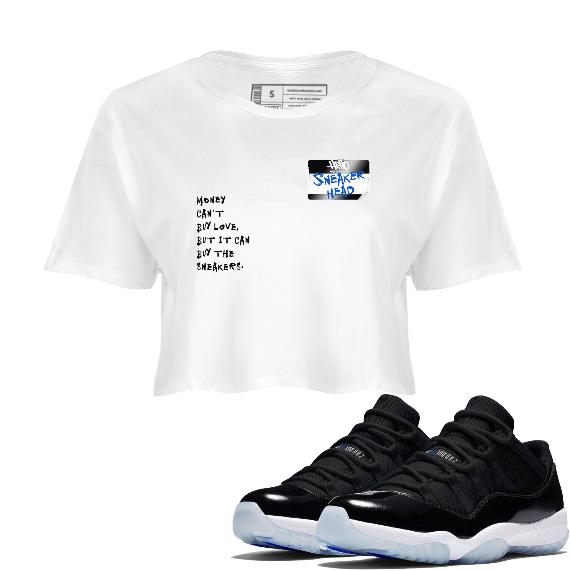 11s Space shirt to match jordans Sneakerhead Badge sneaker tees Air Jordan 11 Space Drip Gear Zone White 1 crop length shirt