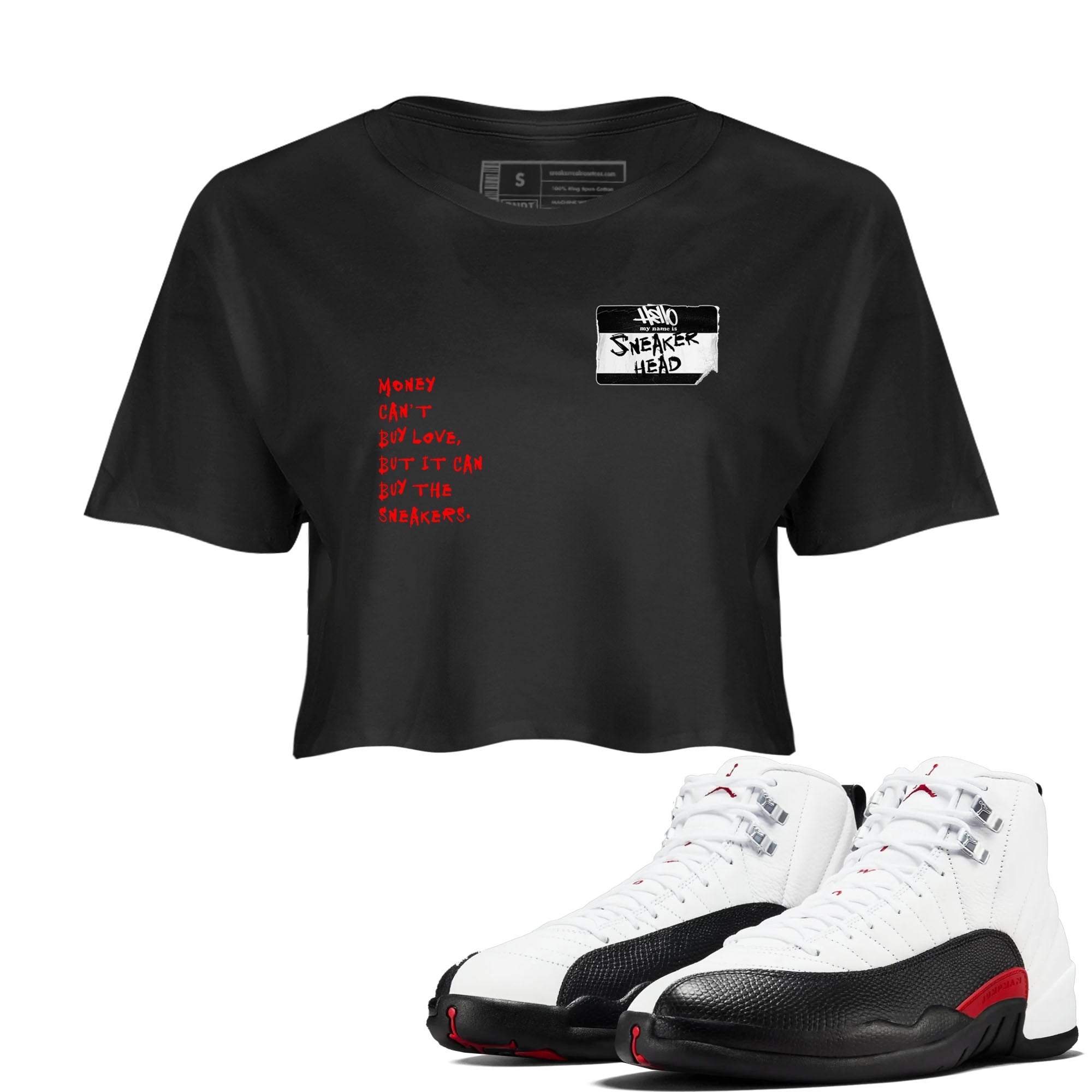 Air Jordan 12 Red Taxi shirts to match jordans Sneakerhead Badge sneaker match tees 12s Red Taxi Drip Gear Zone Black 1 crop length shirt