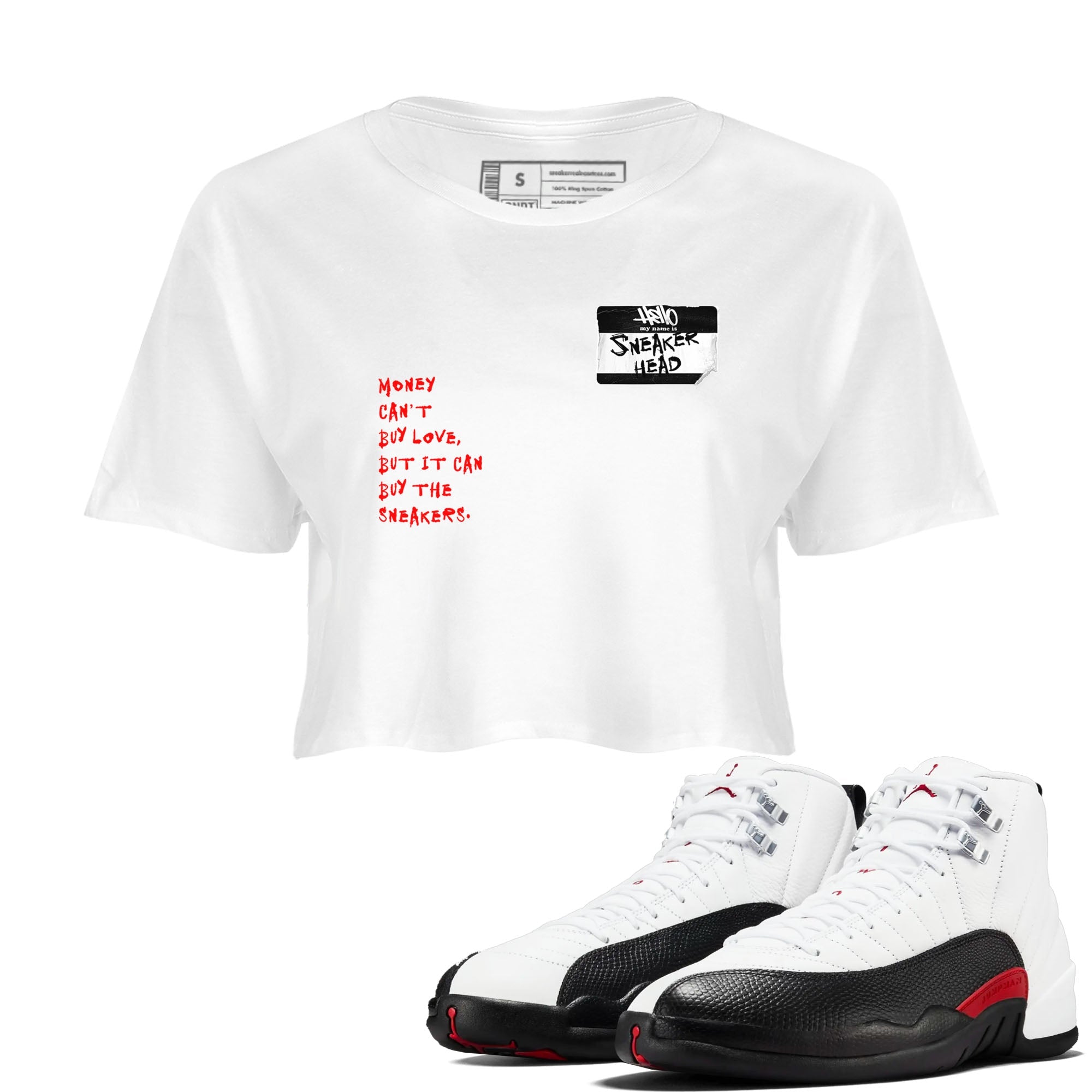Air Jordan 12 Red Taxi shirts to match jordans Sneakerhead Badge sneaker match tees 12s Red Taxi Drip Gear Zone White 1 crop length shirt
