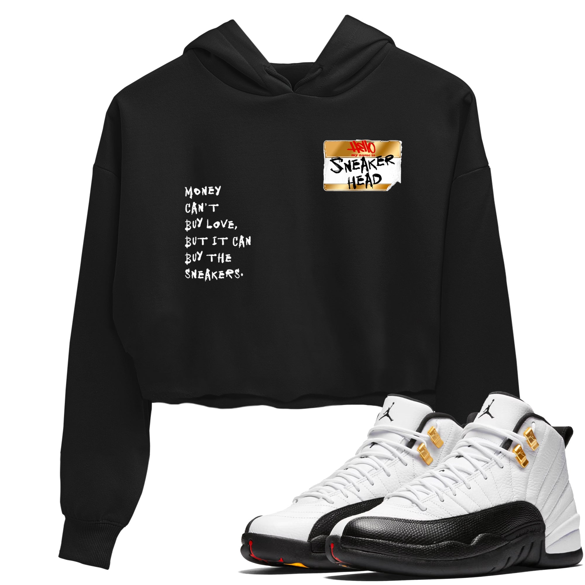 Sneaker Threads  Sneaker Tees To Match Air Jordan 12 Taxi  Sneakerhead Badge Crop Tee Black 1. Perfect for Jordan releases 2025 colorways.