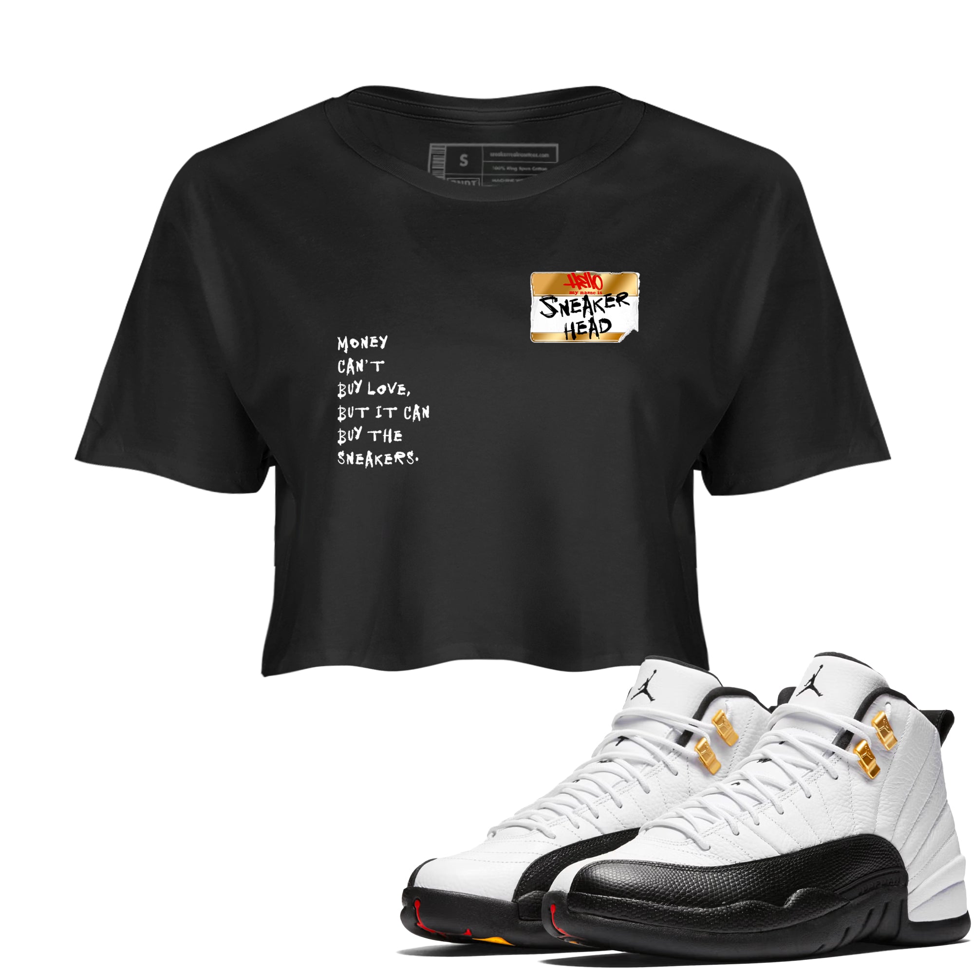 Sneaker Threads  Sneaker Tees To Match Air Jordan 12 Taxi  Sneakerhead Badge Crop Tee Black 1. Perfect for Jordan releases 2025 colorways.