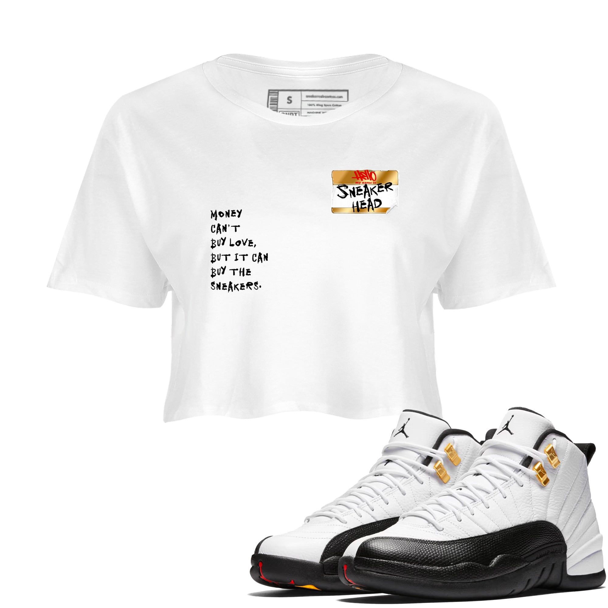 Sneaker Threads  Sneaker Tees To Match Air Jordan 12 Taxi  Sneakerhead Badge Crop Tee White 1. Perfect for Jordan releases 2025 colorways.