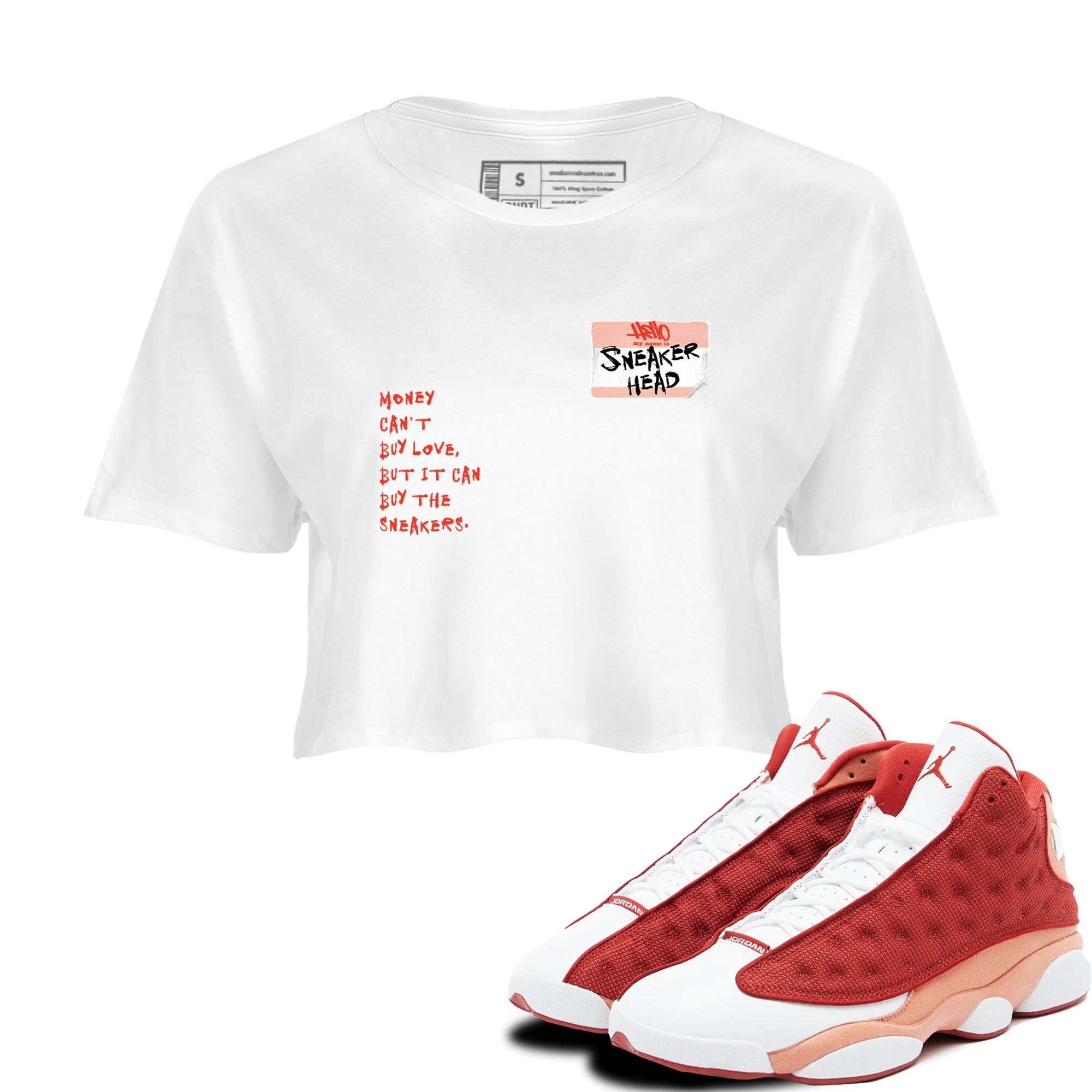 AJ13 Dune Red shirts to match jordans Sneakerhead Badge sneaker match tees Air Jordan 13 Dune Red Drip Gear Zone streetwear brand White 1 crop tee