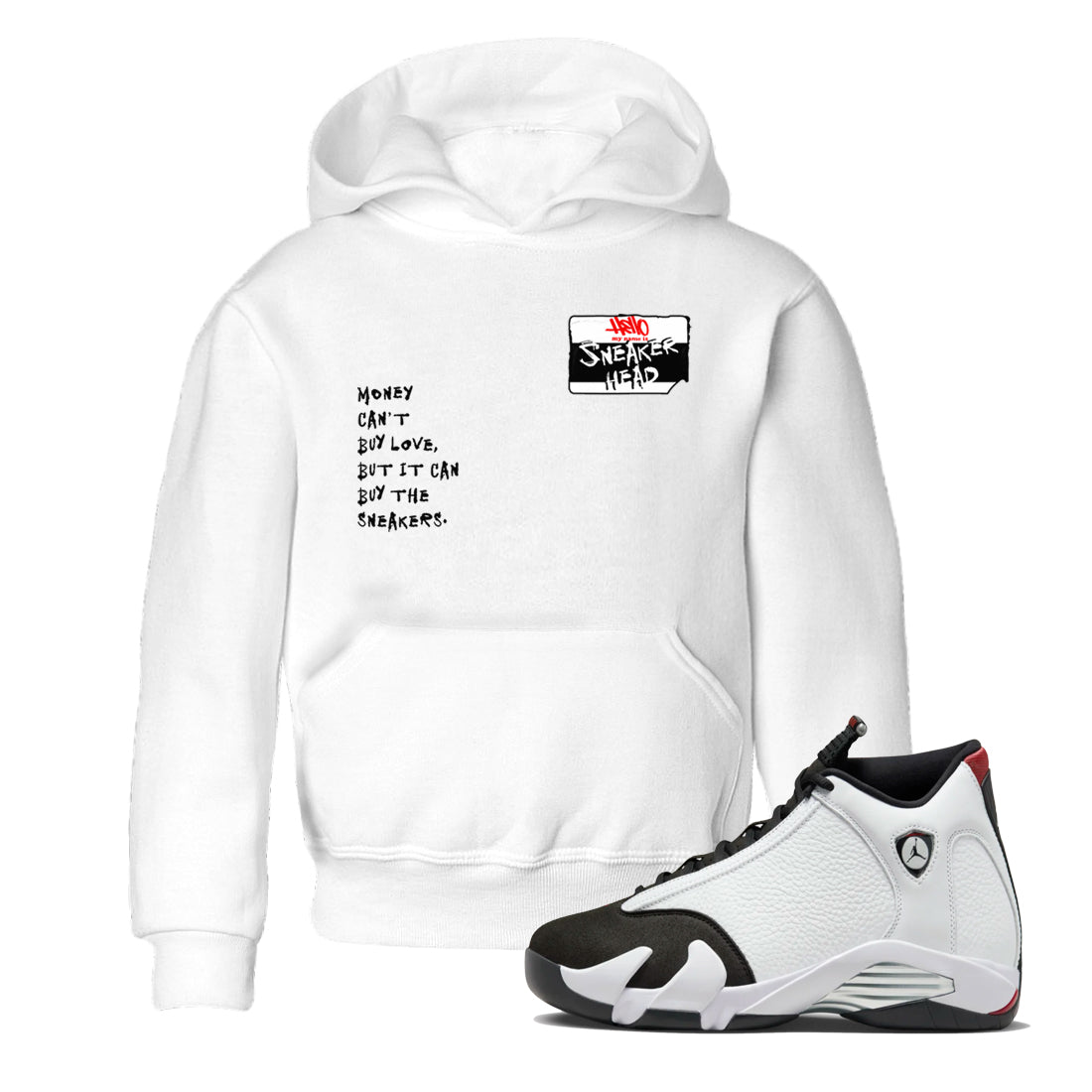 Air Jordan 14 Black Toe t shirts to match sneakers Sneakerhead Badge sneaker match tees 14s Black Toe sneaker match tee Drip Gear Zone Youth Baby White 1 tee