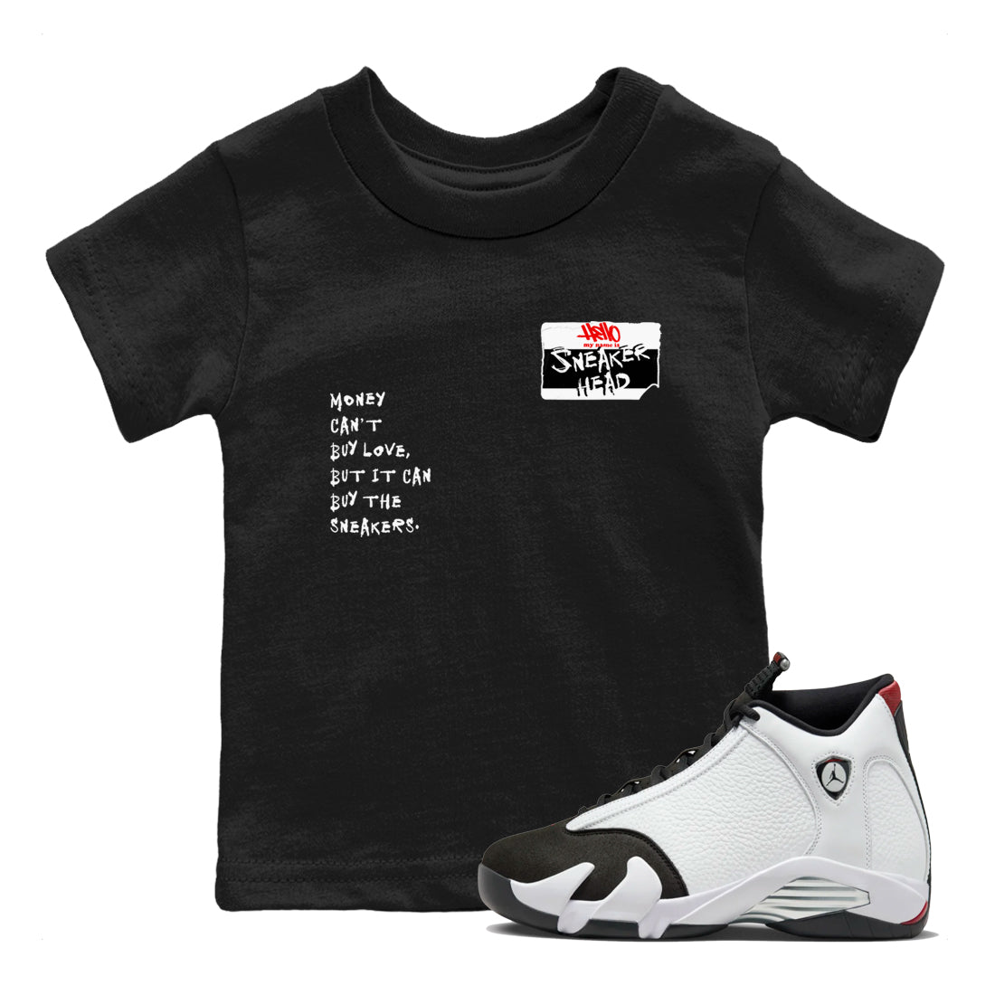 Air Jordan 14 Black Toe t shirts to match sneakers Sneakerhead Badge sneaker match tees 14s Black Toe sneaker match tee Drip Gear Zone Youth Baby Black 1 tee