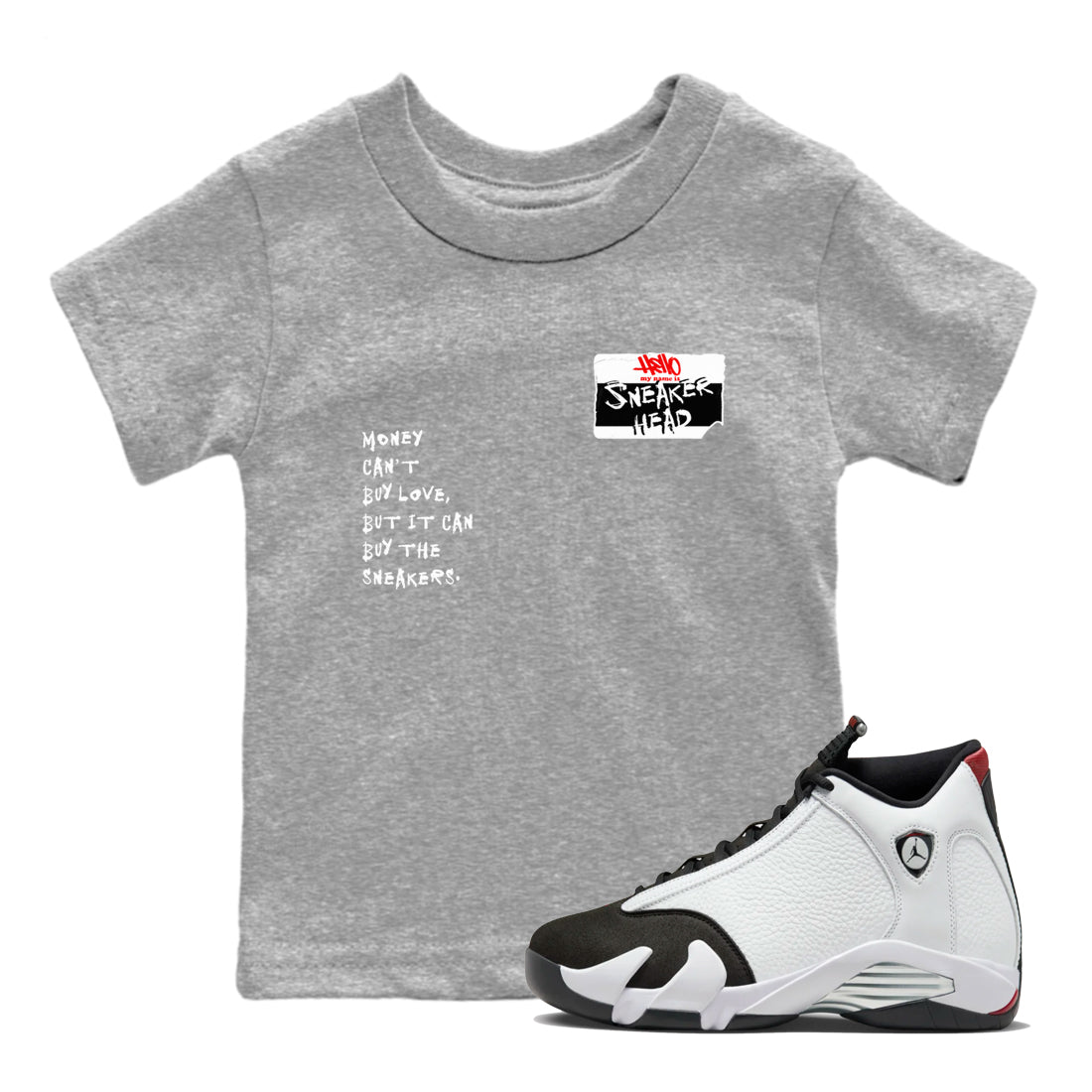 Air Jordan 14 Black Toe t shirts to match sneakers Sneakerhead Badge sneaker match tees 14s Black Toe sneaker match tee Drip Gear Zone Youth Baby Heather Grey 1 tee