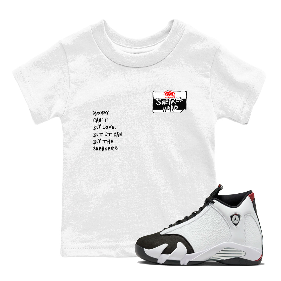 Air Jordan 14 Black Toe t shirts to match sneakers Sneakerhead Badge sneaker match tees 14s Black Toe sneaker match tee Drip Gear Zone Youth Baby White 1 tee