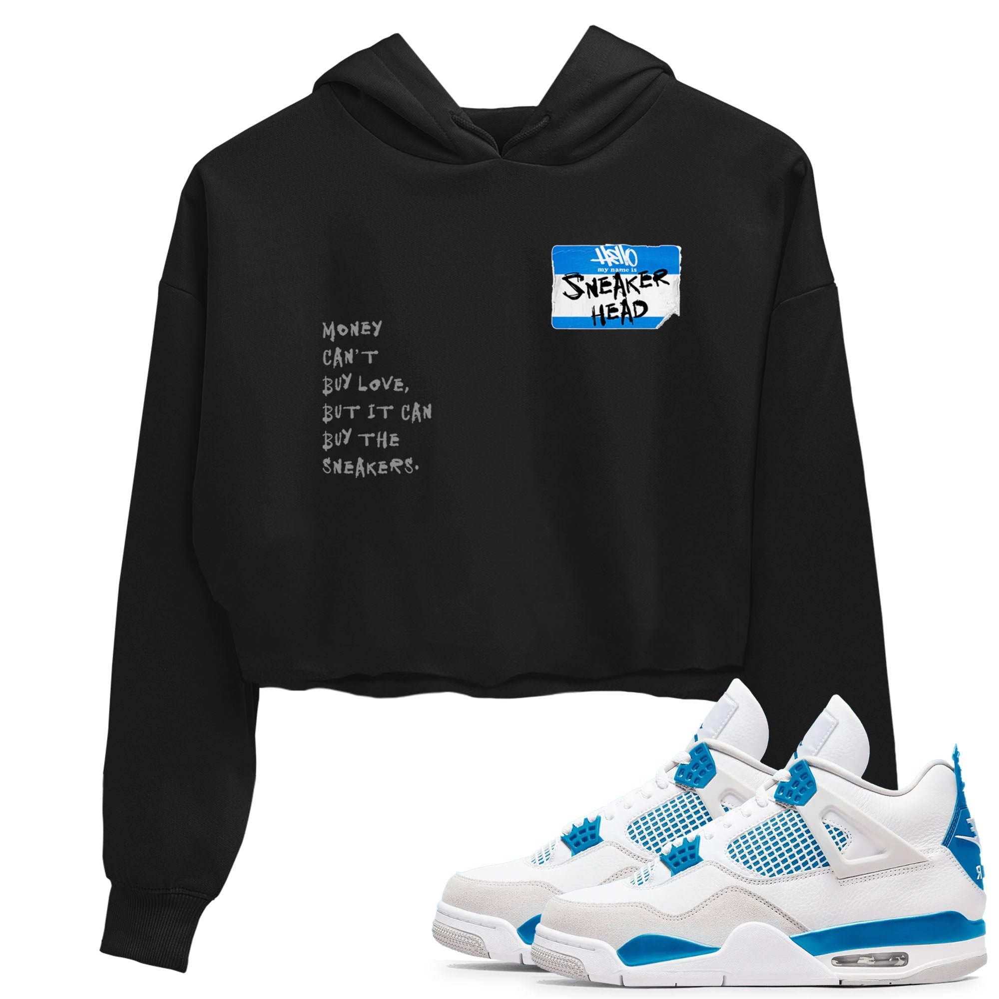 Air Jordan 4 Retro Military Blue shirt to match jordans Sneakerhead Badge sneaker tees AJ4 Military Blue Drip Gear Zone Black 1 crop length shirt