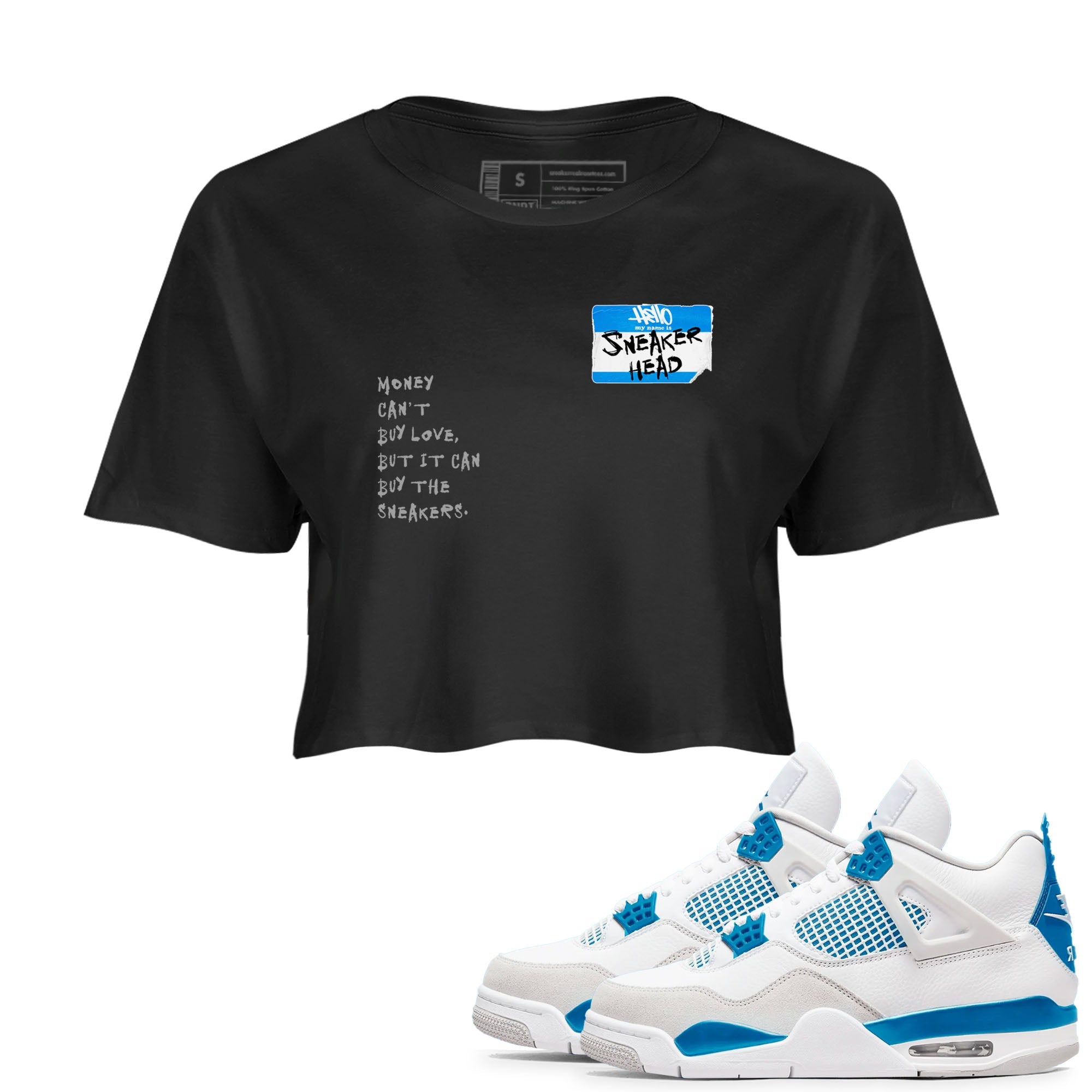 Air Jordan 4 Retro Military Blue shirt to match jordans Sneakerhead Badge sneaker tees AJ4 Military Blue Drip Gear Zone Black 1 crop length shirt