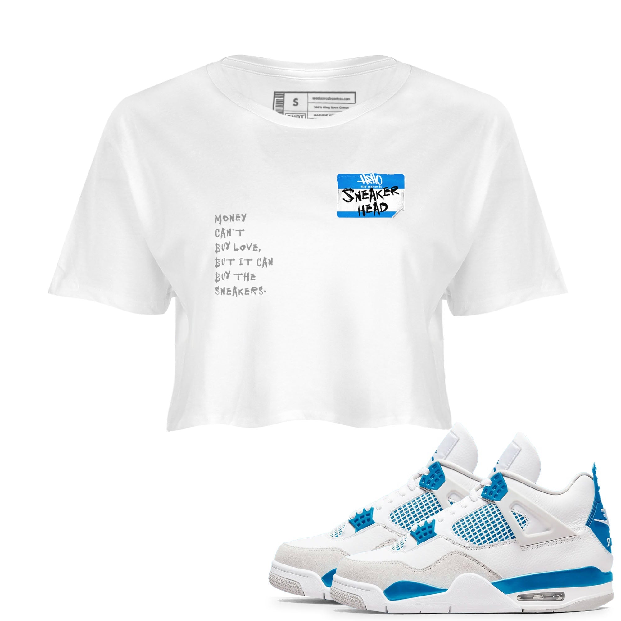 Air Jordan 4 Retro Military Blue shirt to match jordans Sneakerhead Badge sneaker tees AJ4 Military Blue Drip Gear Zone White 1 crop length shirt