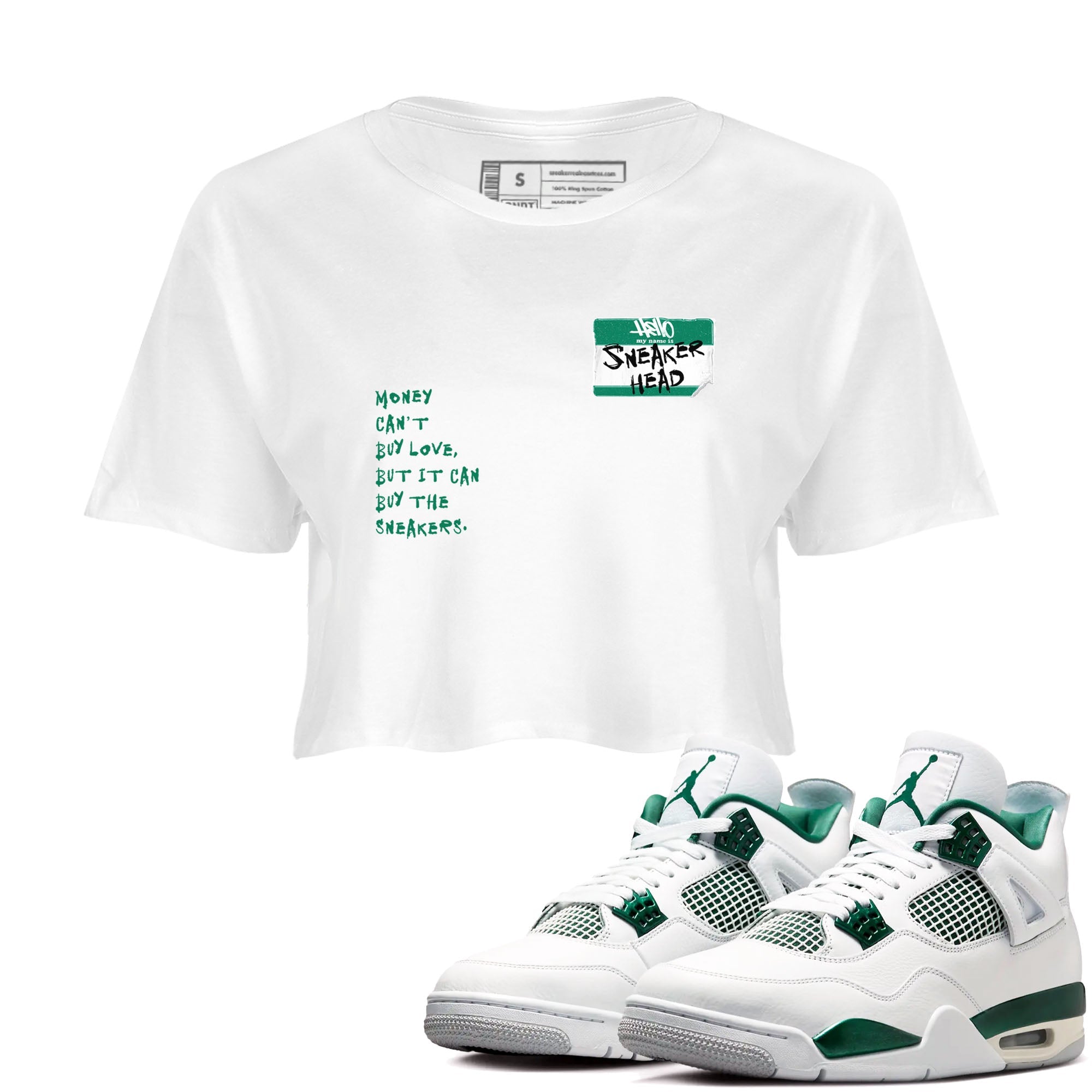 4s Oxidized Green shirts to match jordans Sneakerhead Badge sneaker match tees Air Jordan 4 Oxidized Green Drip Gear Zone streetwear brand White 1 crop tee