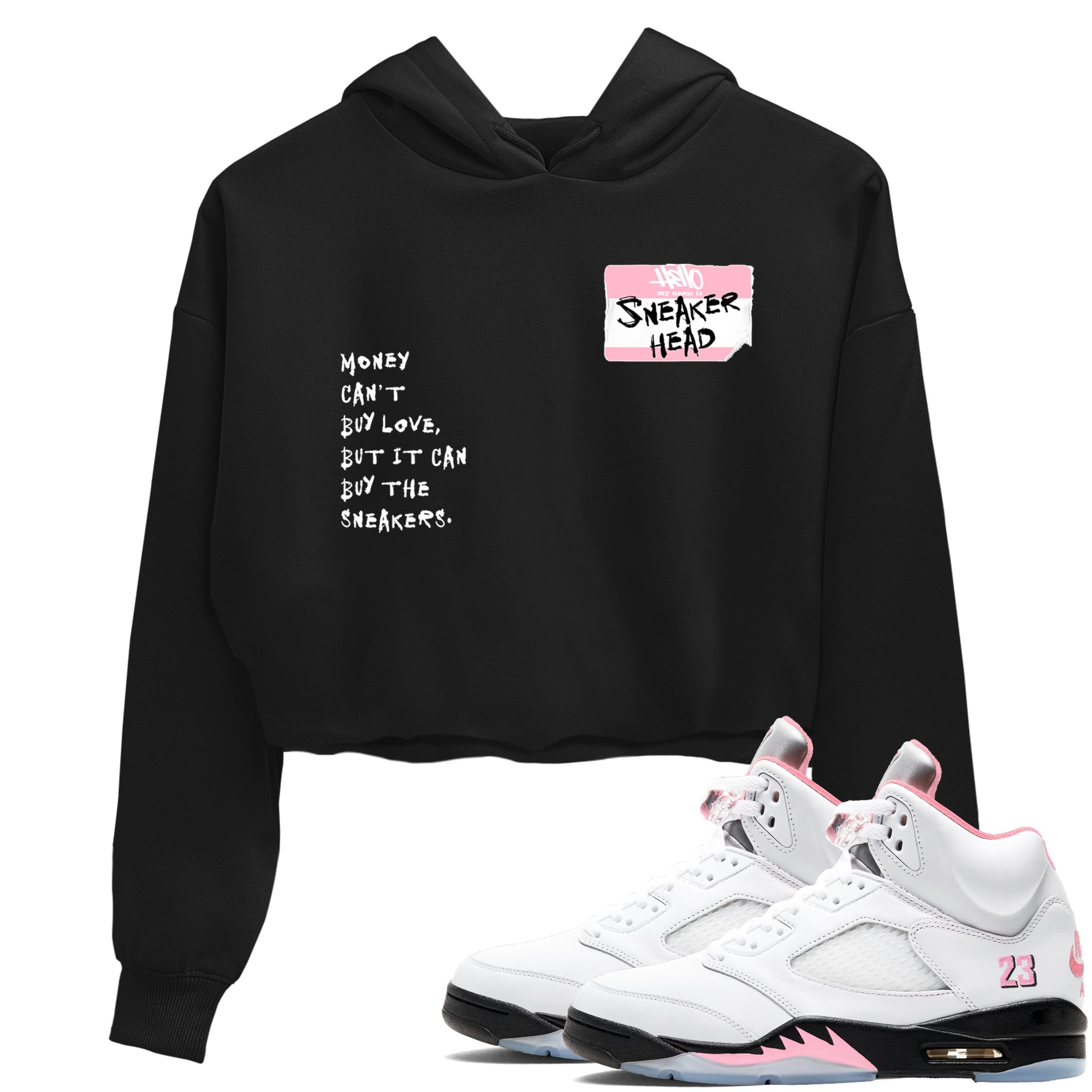Sneaker Threads Sneaker Tees To Match Air Jordan 5 Medium Soft Pink Shoes Sneakerhead Badge Crop T-Shirt Black 1