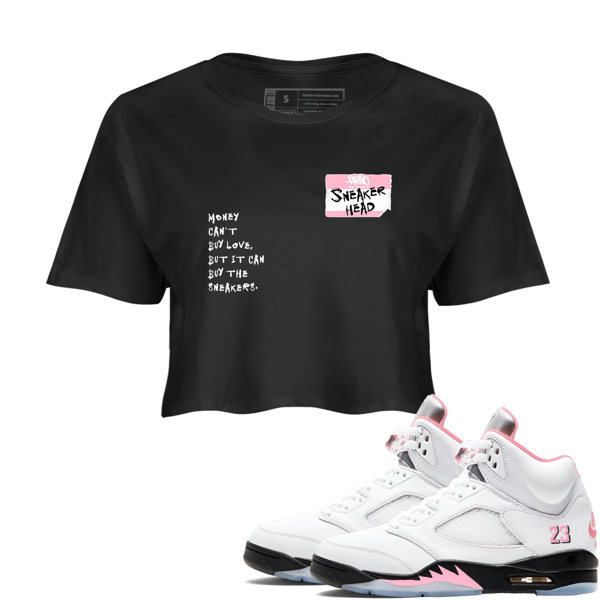 Sneaker Threads Sneaker Tees To Match Air Jordan 5 Medium Soft Pink Shoes Sneakerhead Badge Crop T-Shirt Black 1