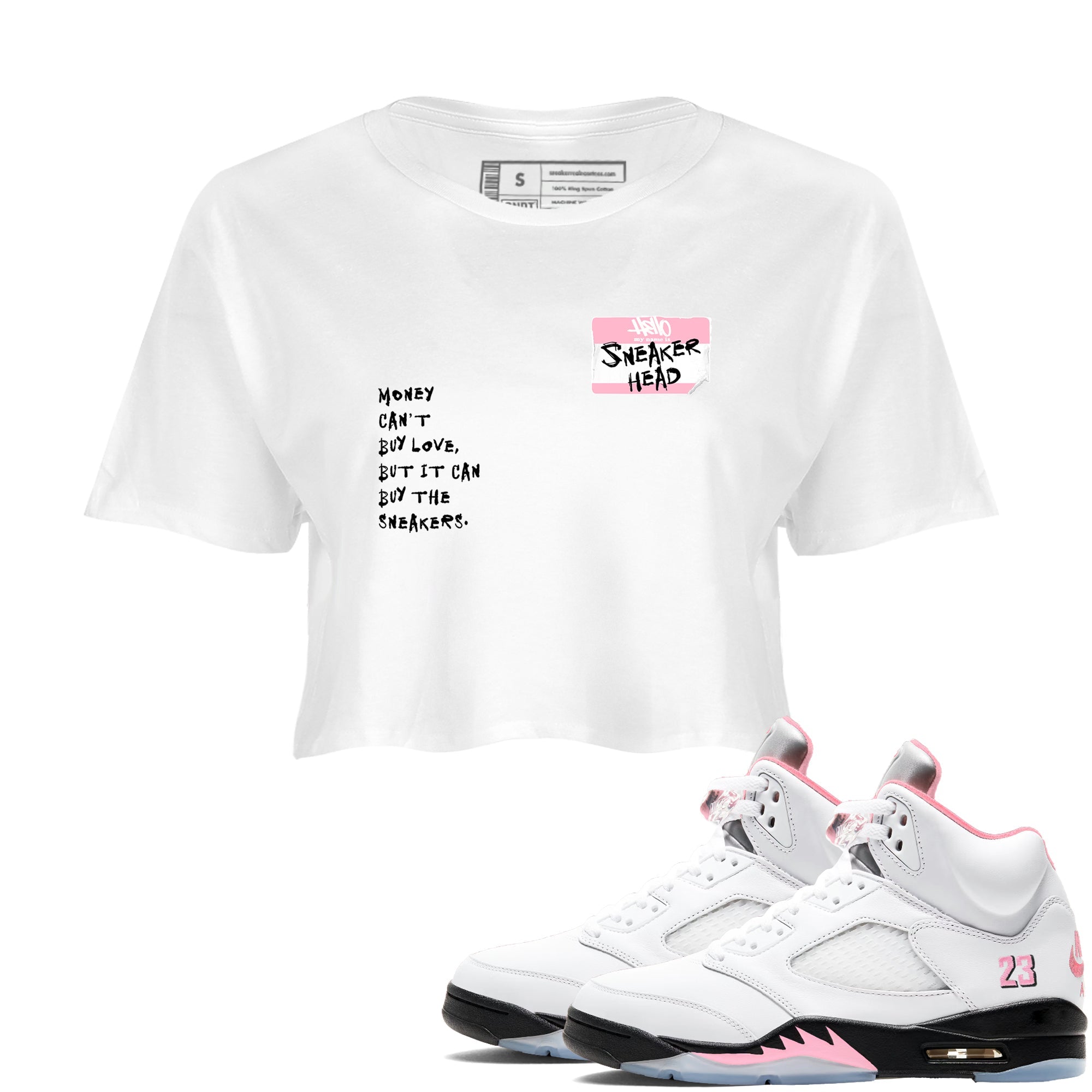 Sneaker Threads Sneaker Tees To Match Air Jordan 5 Medium Soft Pink Shoes Sneakerhead Badge Crop T-Shirt White 1