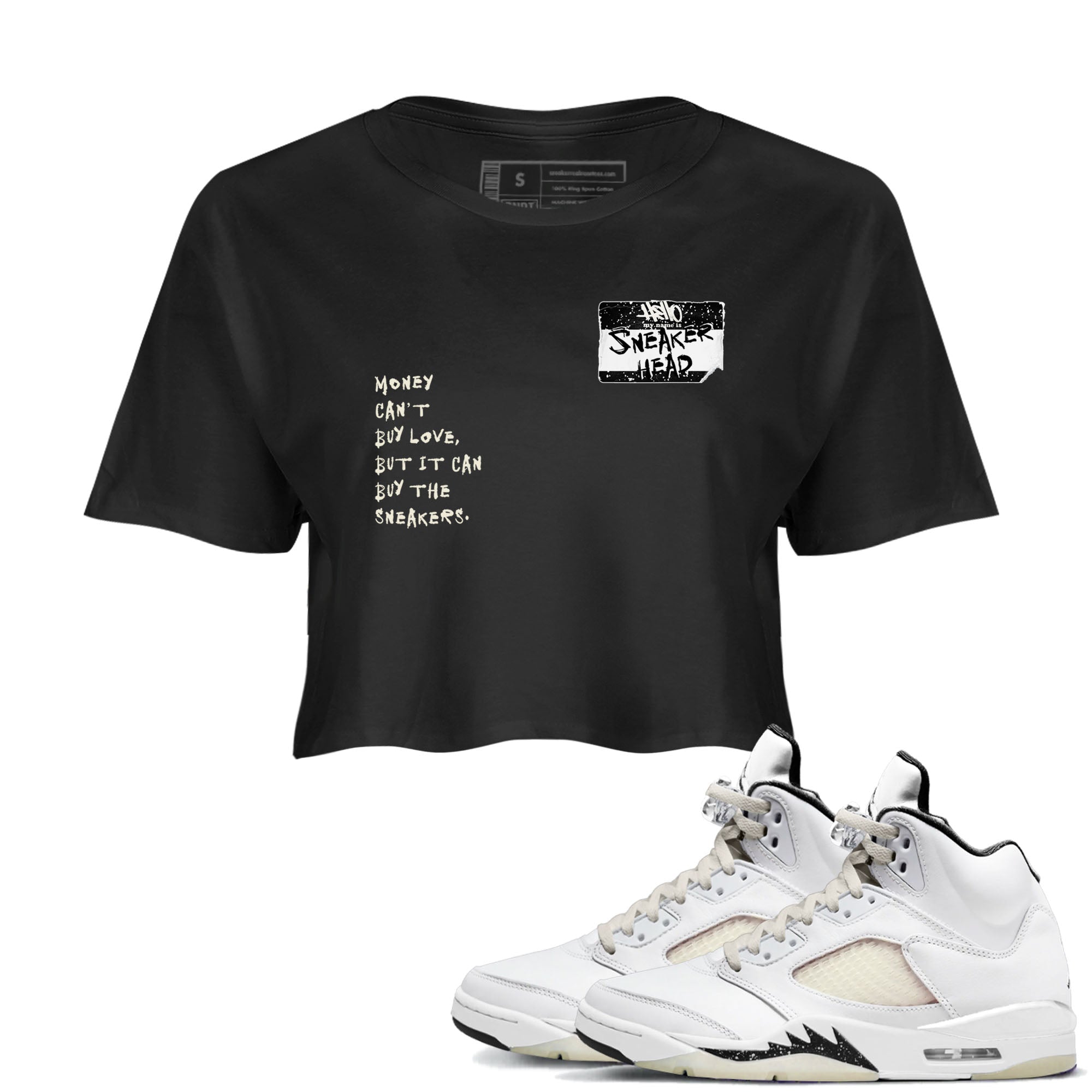 5s Sail shirt to match jordans Sneakerhead Badge sneaker tees Air Jordan 5 Sail Drip Gear Zone Black 1 crop length shirt