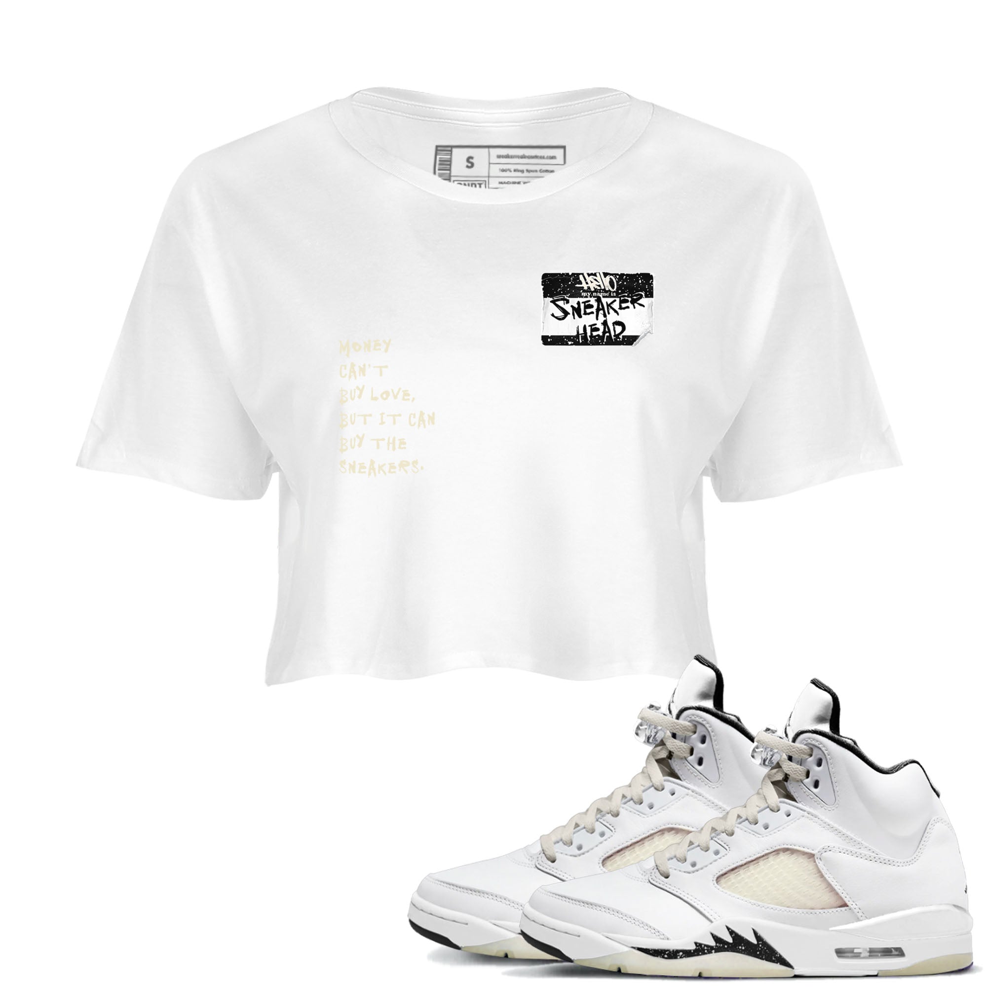 5s Sail shirt to match jordans Sneakerhead Badge sneaker tees Air Jordan 5 Sail Drip Gear Zone White 1 crop length shirt
